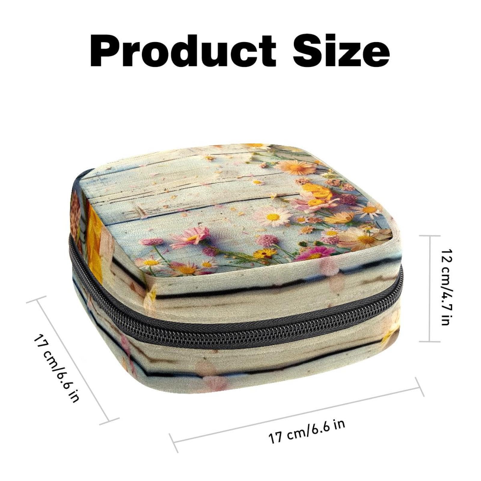 Sanitary Napkin Storage Bag for Feminine Pads, First Period Kit for Women, Colorful Daisies on Wooden Background Portable Menstrual Period Sanitary Pouch