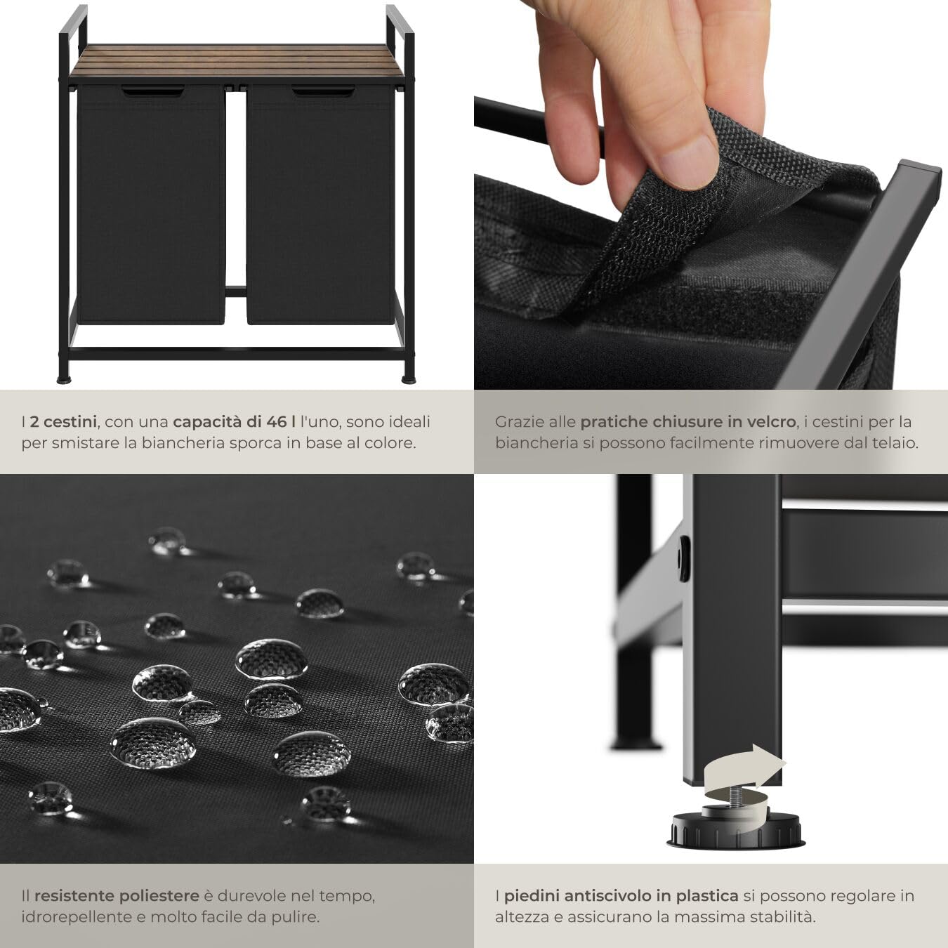 tectake® Cesto per Biancheria con Ripiano Effetto Legno, Cesto Portabiancheria con Sacchi Estraibili, Porta Biancheria con Struttura in Acciaio, Regolabile, Design Industriale - 34x74x72 cm