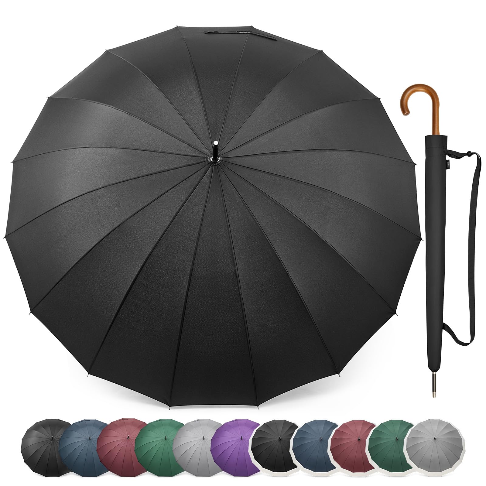 54 Inch Auto Open Golf Umbrella 120cm Windproof 16 Ribs Stick Umbrella with Wooden J Handle Hook for Men Women
