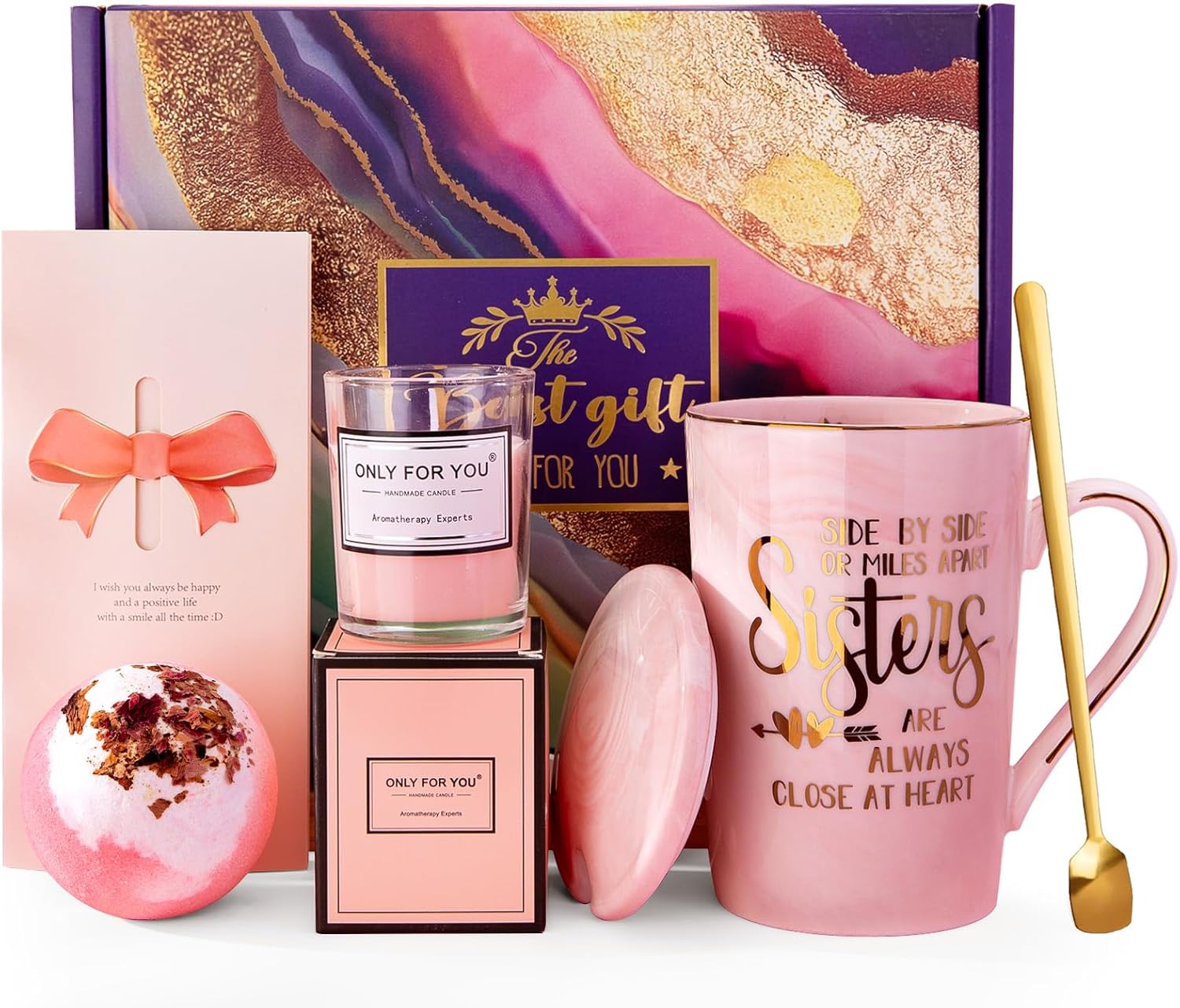 Sister Birthday Gifts from Sister Brother, 7pcs Relaxing Bath Set Valentines Day Basket with Funny Gold Print Mug, Scented Candle, Self Care Set, Idea for Sisters in Law, Soul Sisters, Nice Gift Boxed