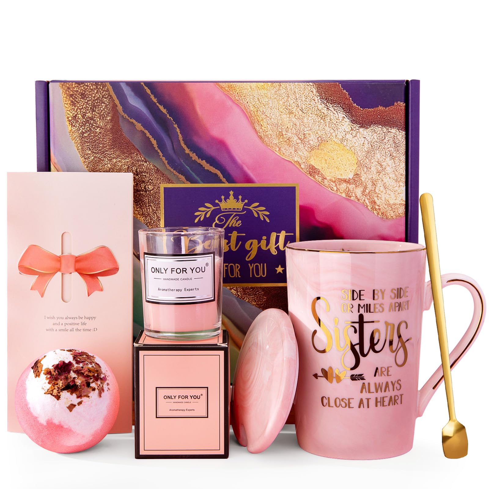 Sister Birthday Gifts from Sister Brother, 7pcs Relaxing Bath Set Valentines Day Basket with Funny Gold Print Mug, Scented Candle, Self Care Set, Idea for Sisters in Law, Soul Sisters, Nice Gift Boxed-image-18