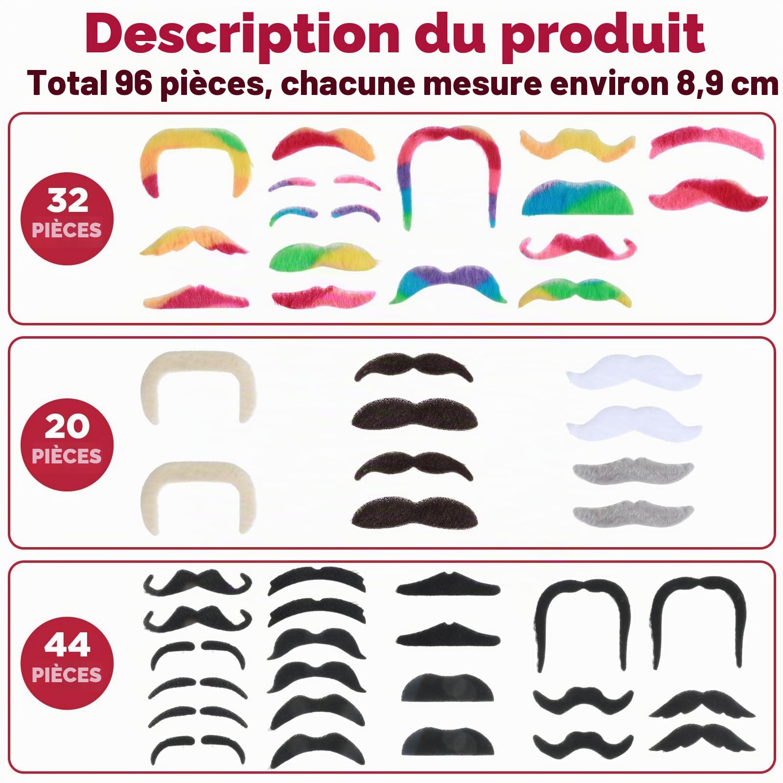 Lot de 96 moustaches auto-adhésives en vrac pour costume de barbe, Halloween, Noël