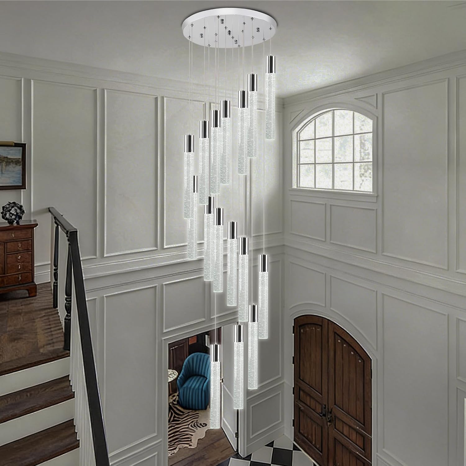 16-Light Chrome Bubble Crystal Chandelier Cool White Spiral Staircase Pendant for High Ceilings Sloped Ceiling Compatible Canopy Adjustable Hanging Height Grand Foyer Entryway
