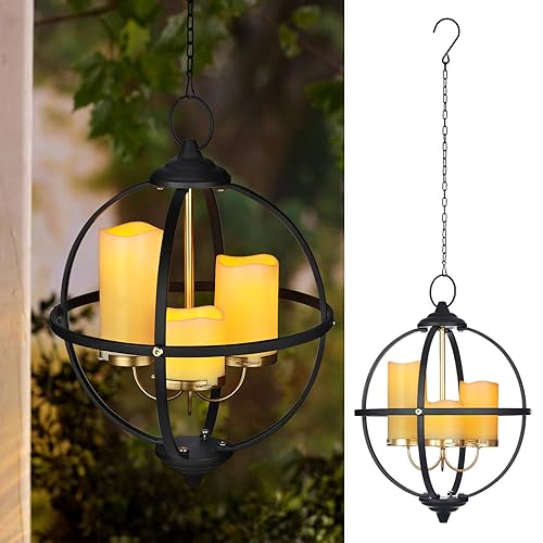 Battery Operated Outdoor Candle Chandelier - Black and Gold Metal