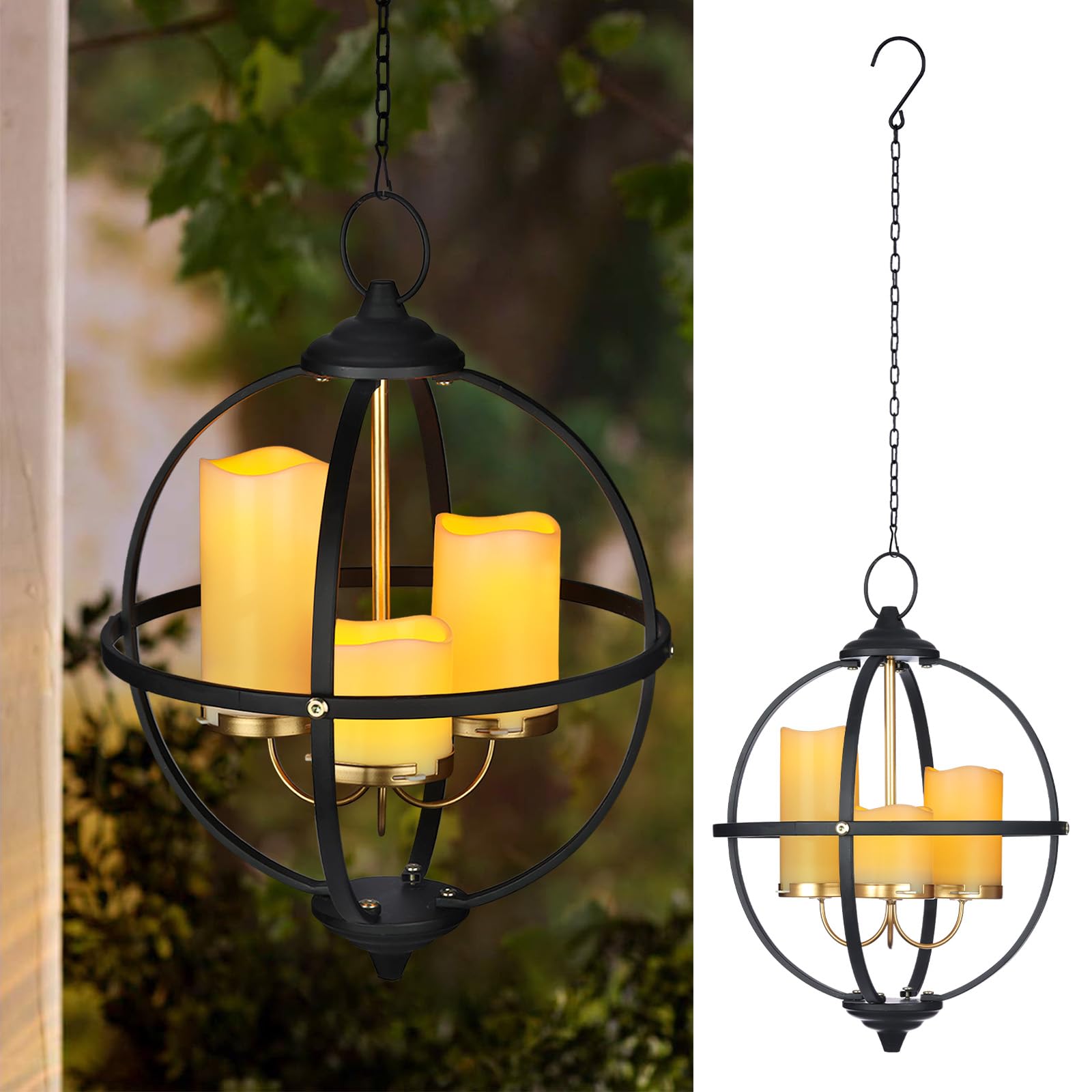 Photo 1 of Battery Operated Outdoor Candle Chandelier - Black and Gold Metal Globe Hanging Pendant Light with 3 Flameless Candles, 12.6" Waterproof Lights for Gazebo, Pergola, Garden, Porch & Backyard