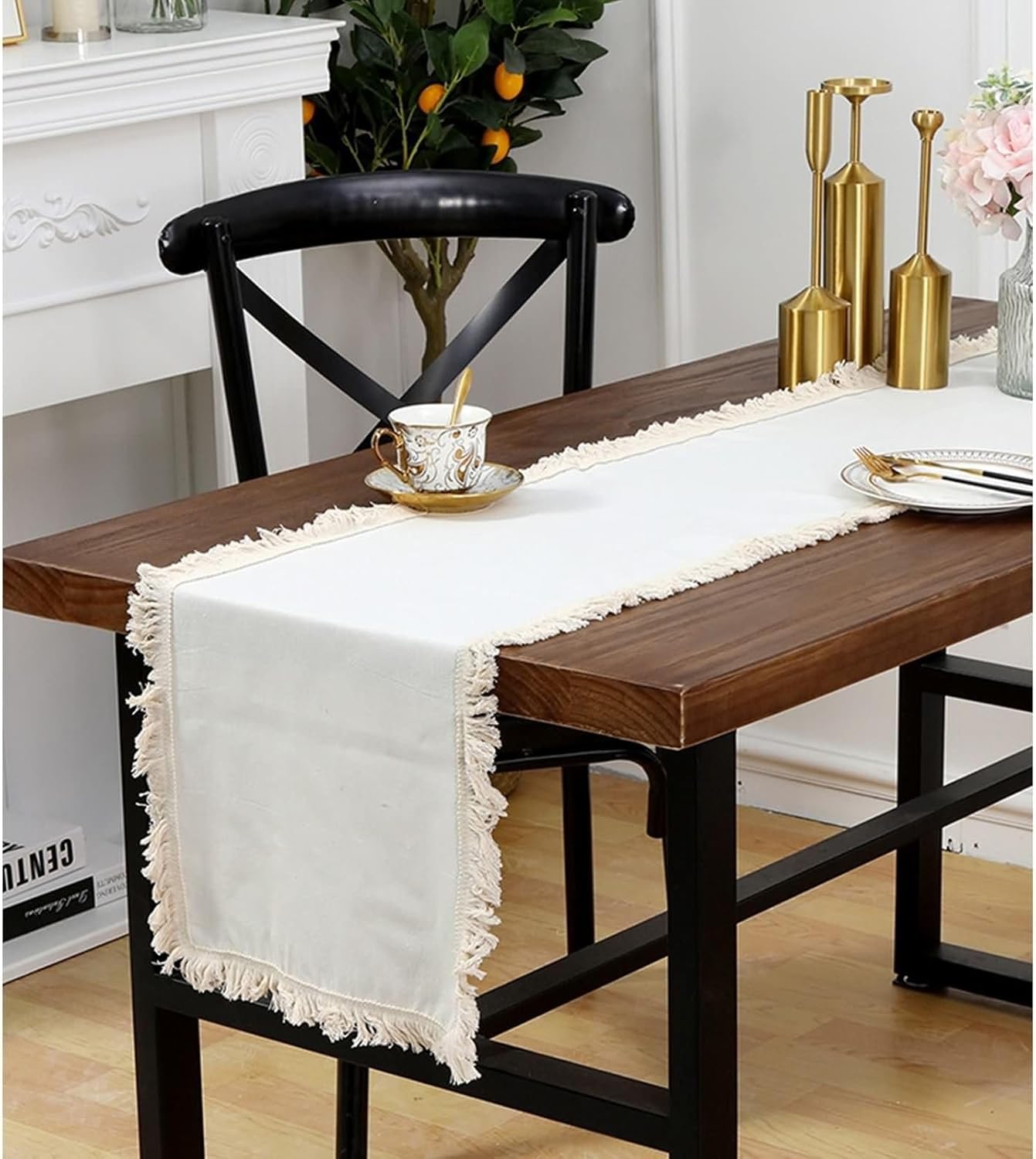 Kitchen Table Runner,12" x 87",Solid Color and Tassels Dining Table Runner Cotton Dining Table Runner White