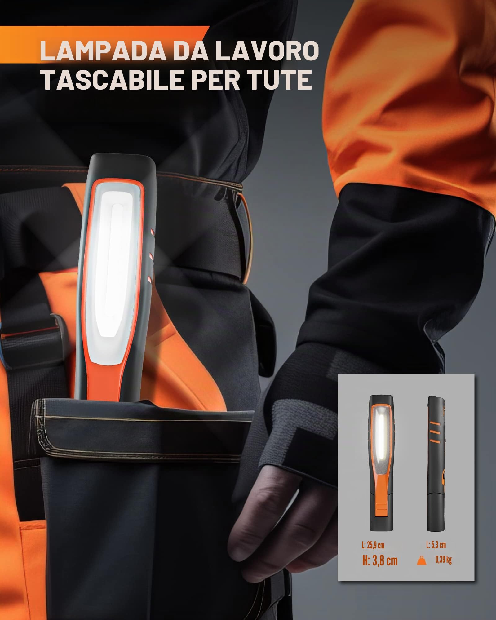 ENUOTEK Lampada da Lavoro Torcia, IP65 Ispezione a LED COB 7W, Ricaricabile Portatile Officina Piu Potente Senza Fili, con Batterie al Litio 2600mAh, Due Fonti di Illuminazione e Magneti Potenti