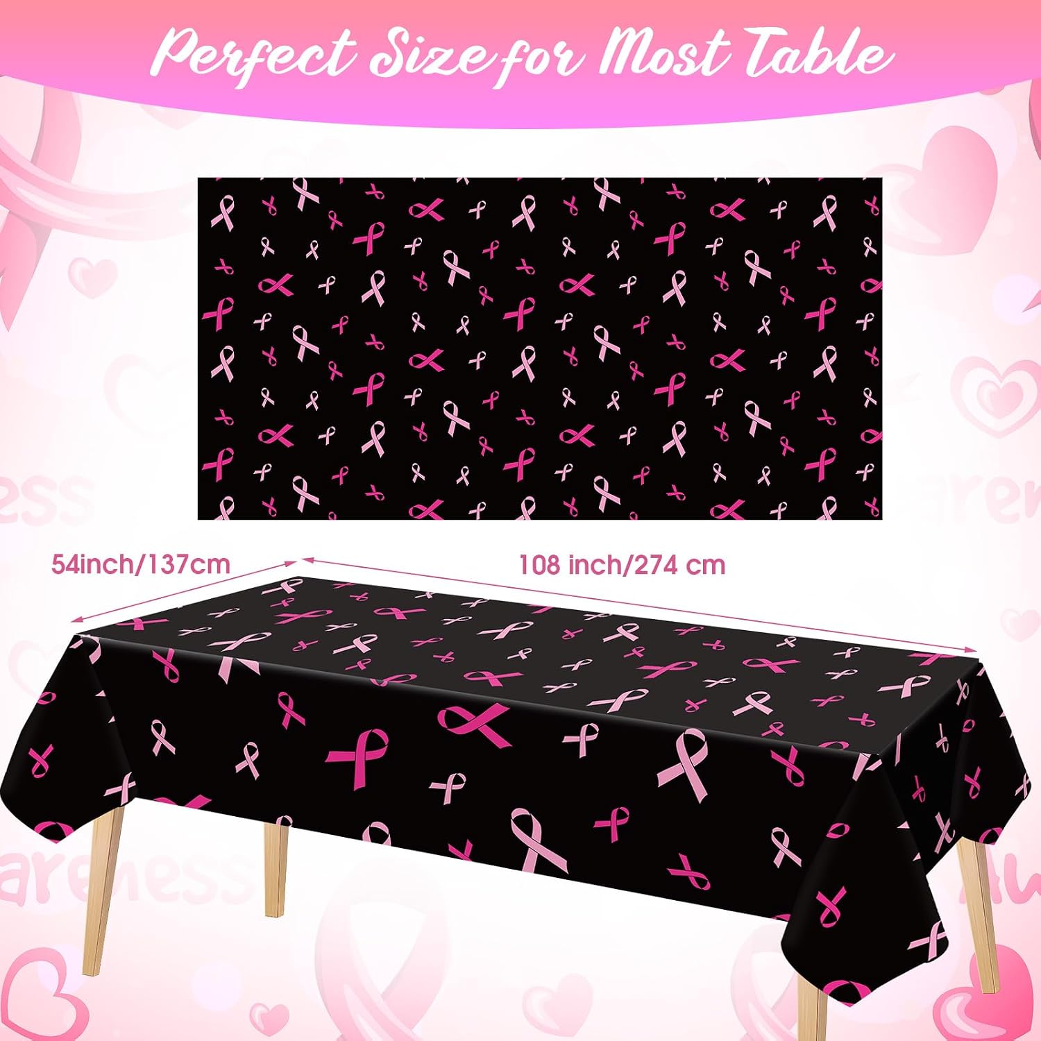 3 Pcs Breast Cancer Awareness Tablecloth Pink Ribbon Table Cover, Black image 2