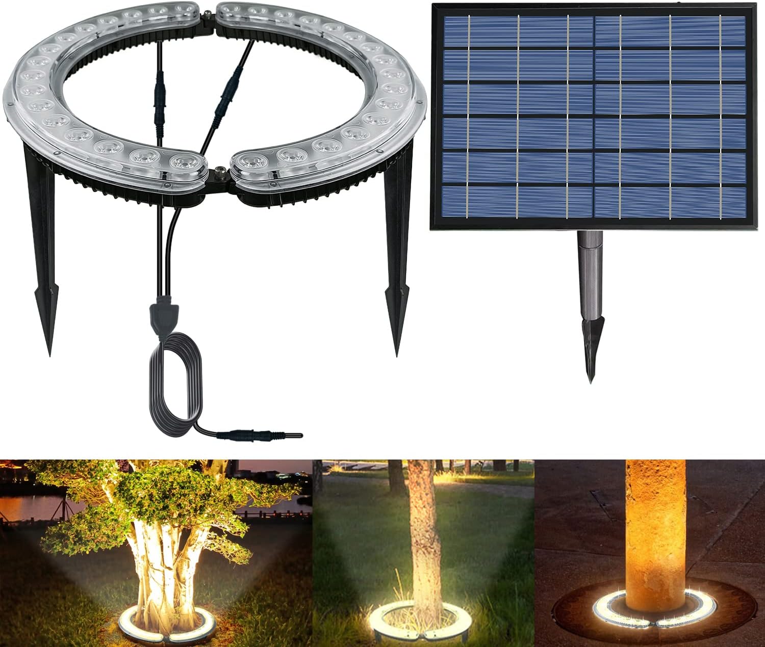 Solar Palm Tree Lights Outdoor Dusk to Dawn 32LED DC5V Ring Tree Lamps Waterproof Landscape Uplights for Party Garden Yard Home Wedding Christmas Halloween Holiday Tree Decoration Lighting