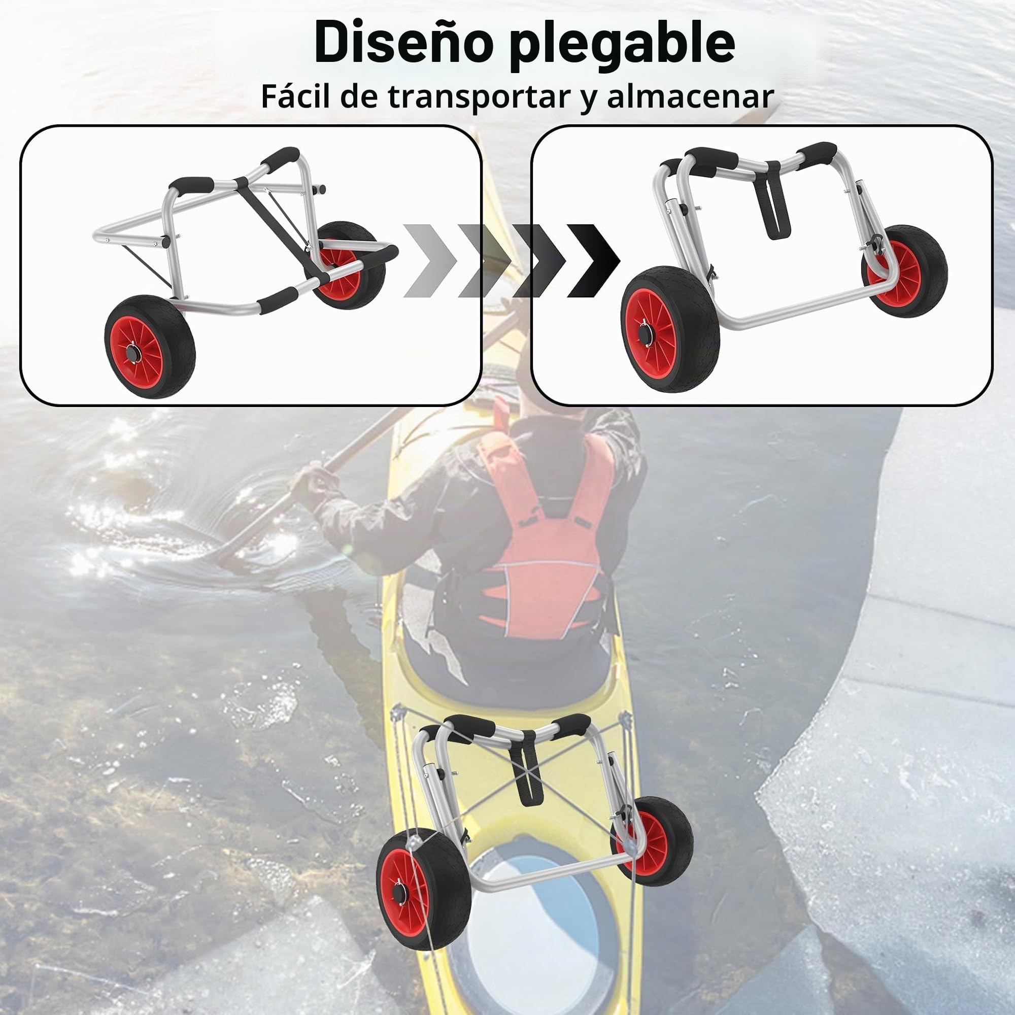 UISEBRT Carro para kayak plegable Carro para canoa plegable con capacidad de carga de hasta 100 kg con 3m de correas Cinturones de transporte de aluminio para SUP Carro para bote neumático, canoa