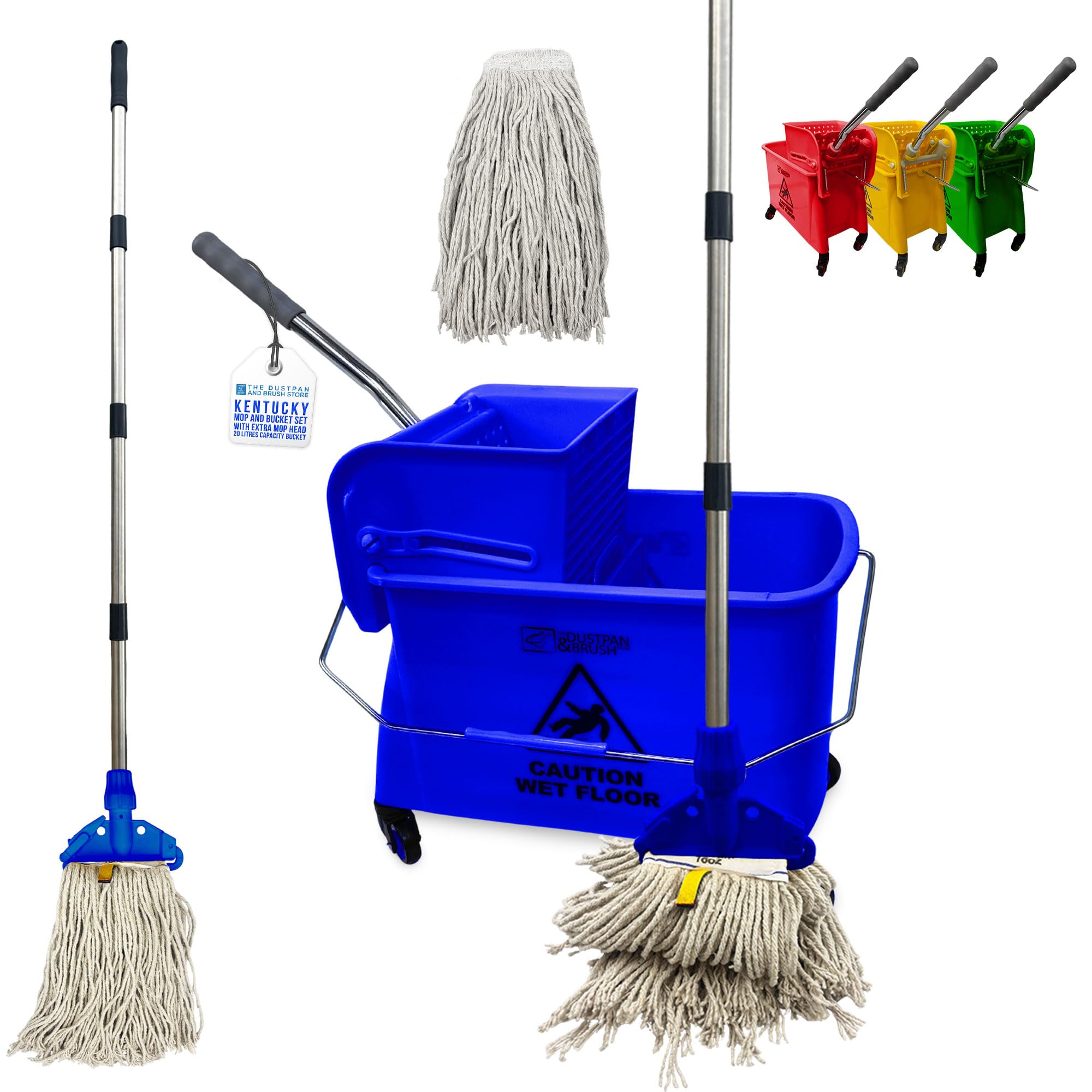 Tdbs The Dustpan And Brush Store Blue Professional Kentucky Floor Mop And Bucket Set On Wheels - Large Capacity Commercial Industrial Floor Mop Bucket With Wringer, Ideal For Warehouse, Hotel, Office, School Use