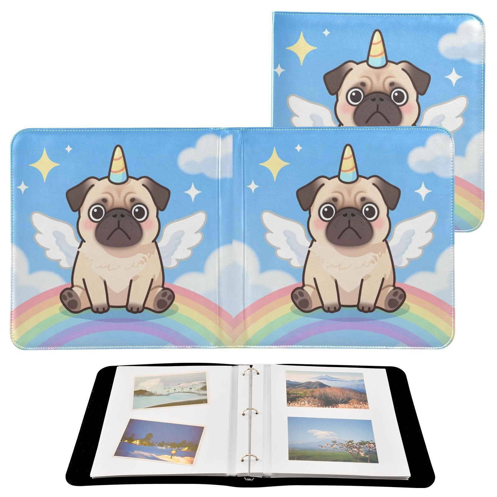 Mops pies z tęczowym albumem fotograficznym