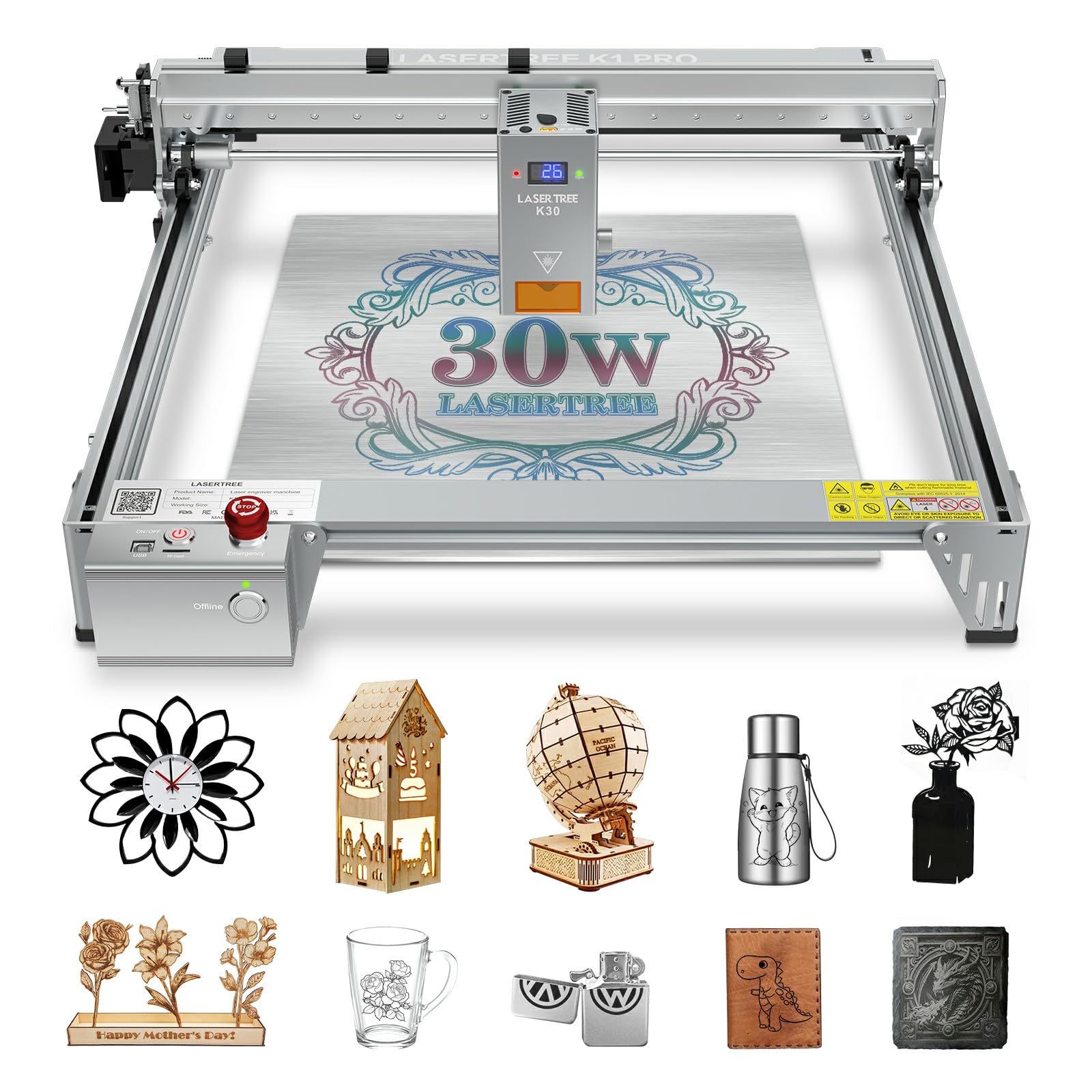 LASER TREE Laser Engraver, 30000mW?30W?Output Power Laser Engraver Machine, High Precision Laser Cutter and Engraver for Wood & Metal Paper Acrylic Glass Leather etc, Class 4 (Basic)