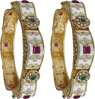 khetlazee Traditional Meenakari Bangles Set, Gold-Plated, White Enamel with Ruby and Emerald Stones, 2 Pieces Price In India