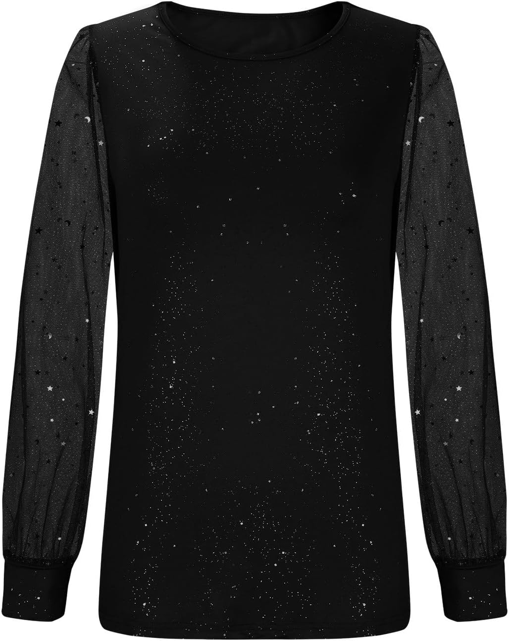 Women Dressy Shirt Sheer Mesh Patchwork Long Sleeve Glitter Tunic Tops Crewneck Casual Bling Blouse for Party Travel - Image 3