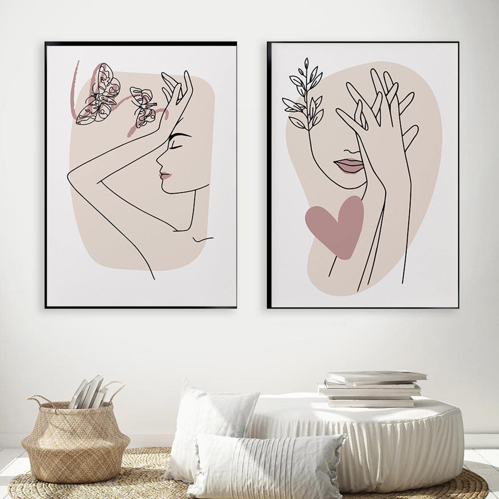 dsdsgog Linea Geometria Disegnare Poster Volto Femminile Rosa Tela Pittura Astratta Stampe D'arte Moderna Immagine Della Parete Per La Camera Da Letto Complementi Arredo Casa 60x80cmx2 Frameless