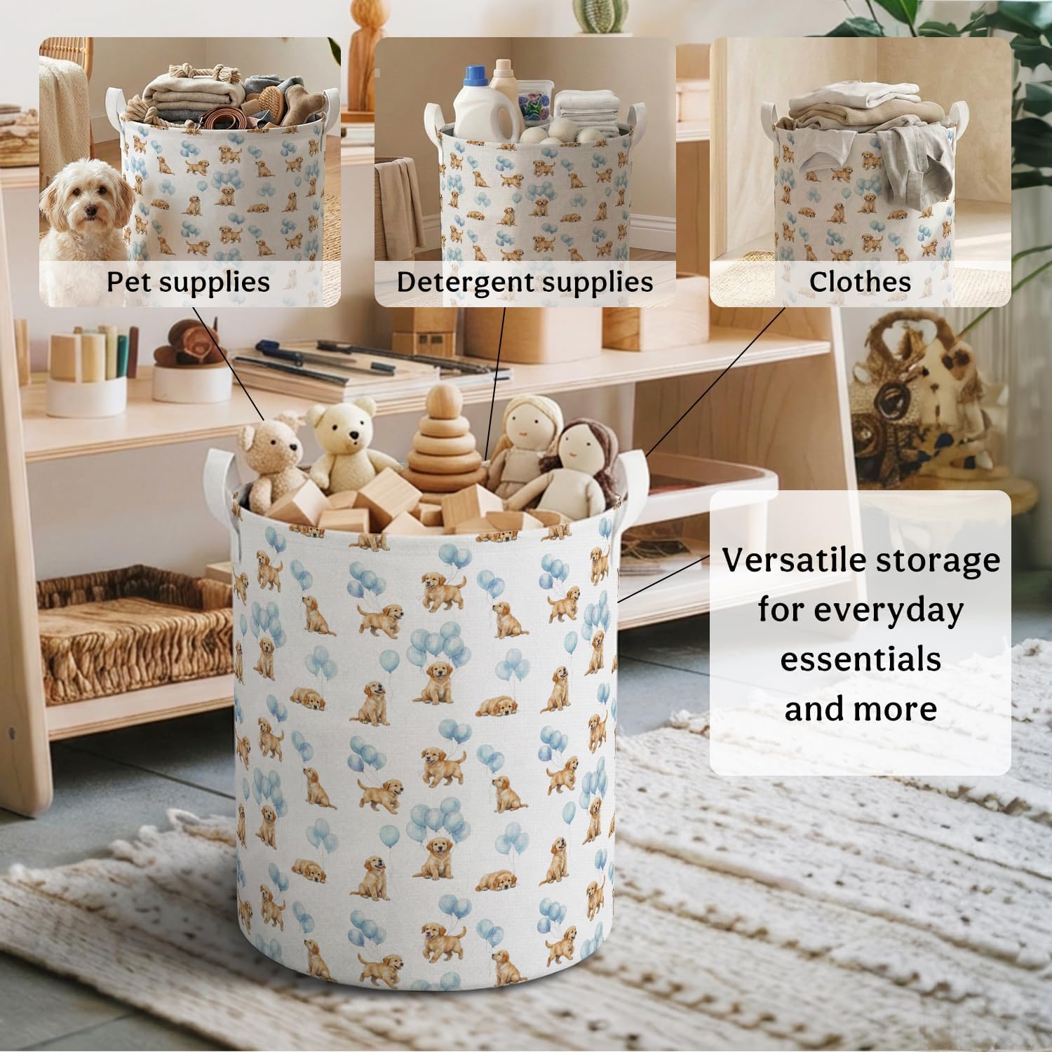 Blue Golden Retriever Laundry Basket with Handles,46L | Blue Balloons Golden Retriever Dog Laundry Hamper Waterproof Collapsible Clothes Toys Books Storage for Kids Room Bathroom