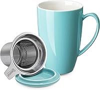 Vista 17 de Sweese Taza de té de cerámica de 15oz con infusor y tapa, apta para microondas y lavavajillas, infusor de té de hojas sueltas extra fino, asa Azul
