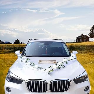 Autoschmuck Hochzeit Blumen Deko Hochzeits Auto Deko Hochzeit Autoschleifen Hochzeit Deko Schmuck Car Auto Wedding Deko Braut Paar Blumen Dekoration Hochzeit für Auto Hochzeit Party （Weiß）
