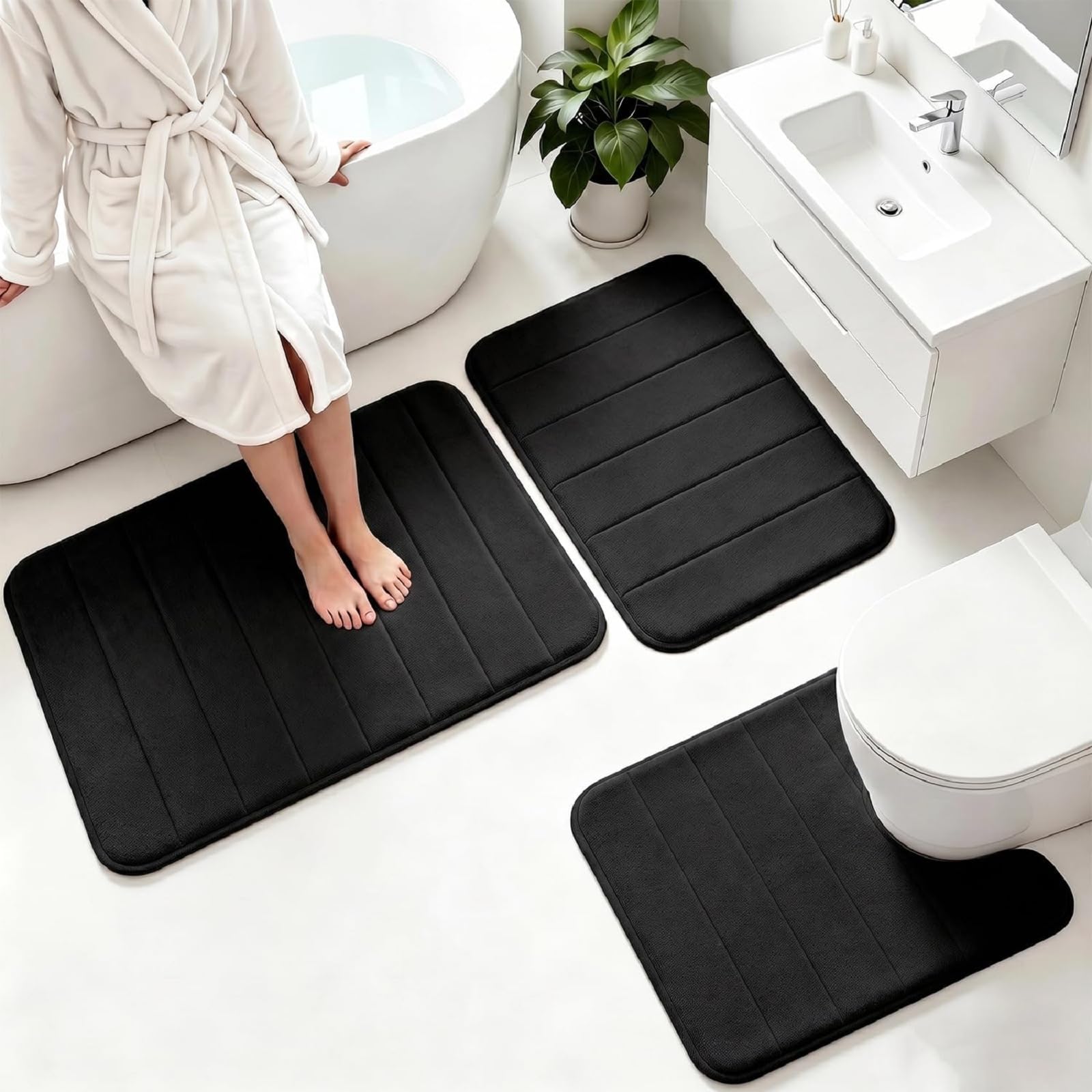 JETSUNDA Memory Foam Bath Mat Set,3 Piece Non-Slip Bathroom Carpet,Luxury Thick Soft Toilet Mat,Water Absorbent Shower Mats for Bathroom Floor,Black