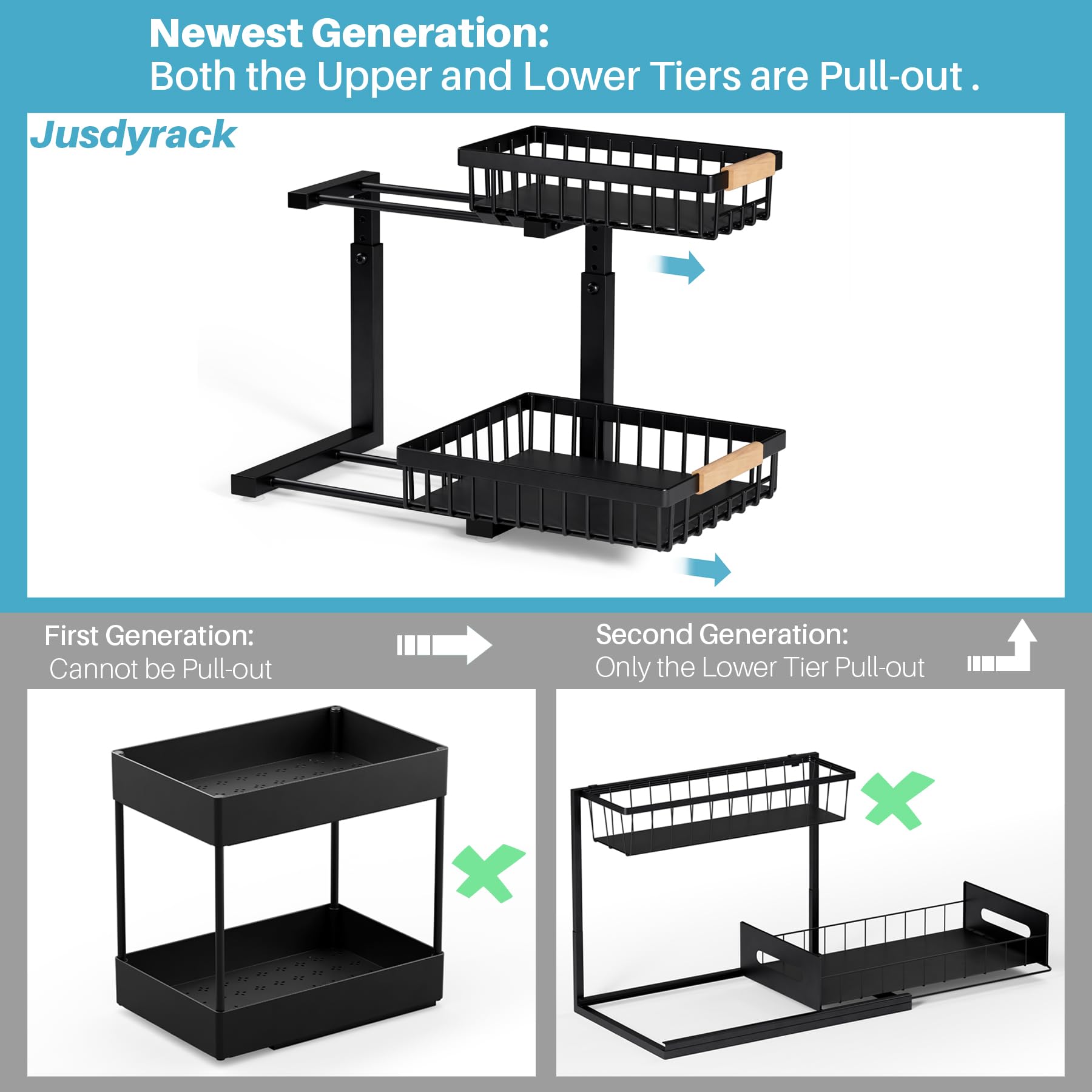 Metal 2 Paquete Organizador Cocina 2 Niveles Organizador Bajo Fregadero, De Servicio Pesado Extraíble Organizador Fregadero Cocina Para, Baño,Negro