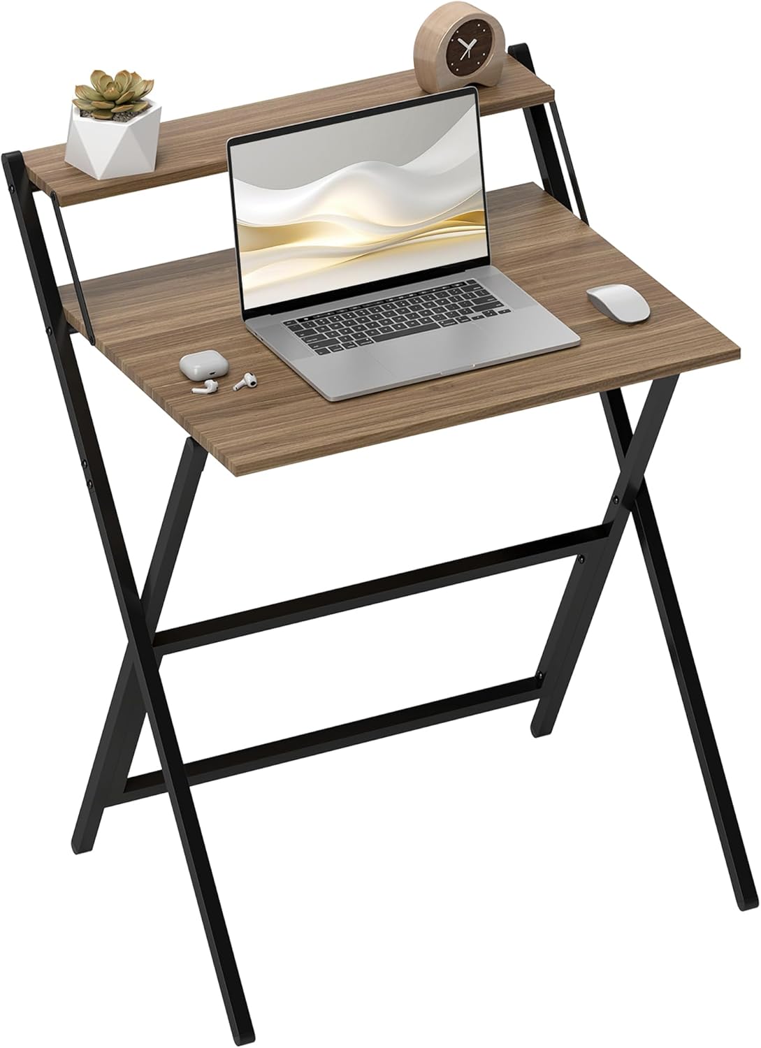 HOMCOM Small Folding Desk, 27.6 Inch Foldable Computer Desk with Monitor Shelf, Space Saving Portable Writing Table for Small Spaces, Home Office, Study, Easy Assembly, Walnut