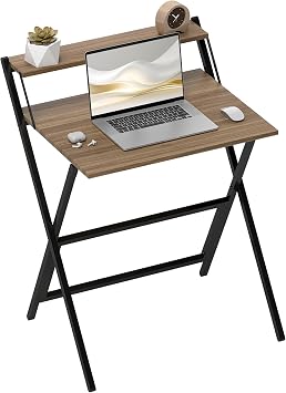 HOMCOM Small Folding Desk 27.6 Inch Foldable Computer Desk Portable, Walnut | Monitor Shelf, Space Saving Writing Table for Small Spaces, Home Office, Study, Easy Assembly