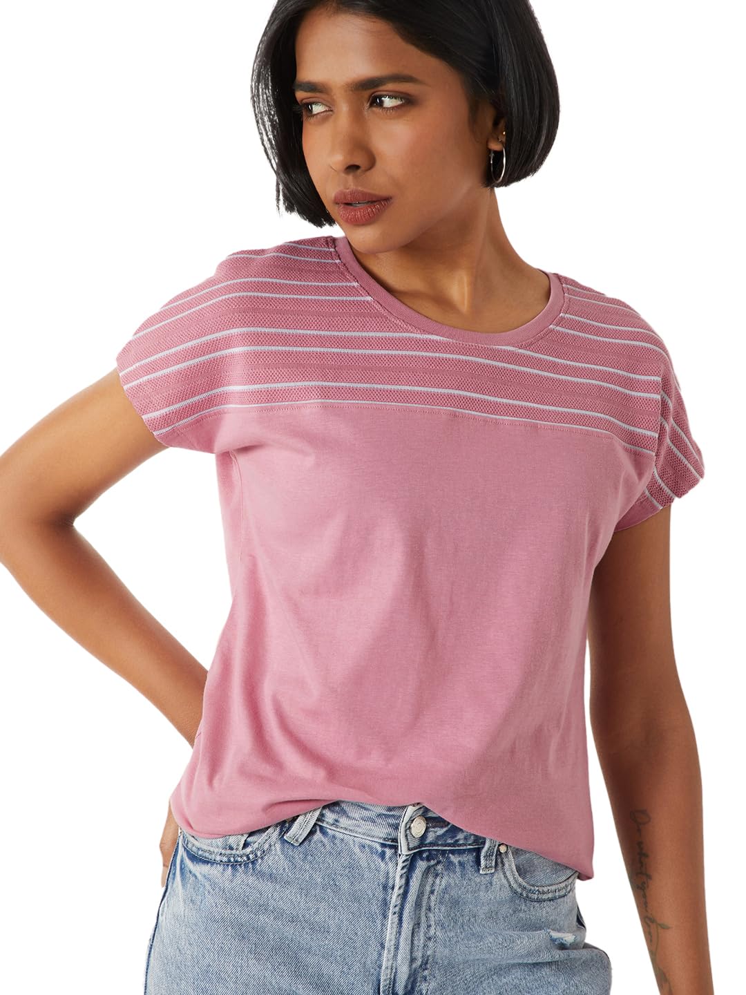 Jack & Jones Women Striped T-Shirt (Pink_L) in pink