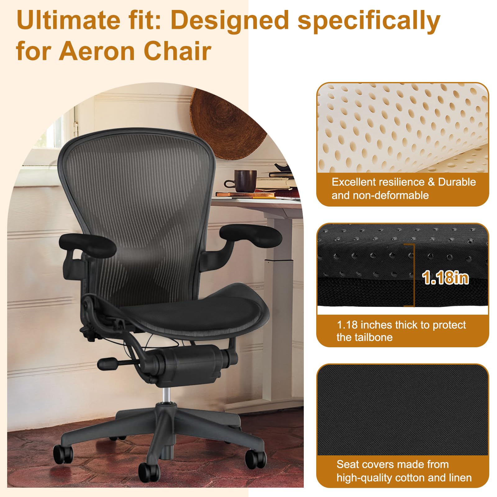 Cojín de asiento para silla Herman Miller Aeron, cojín ergonómico de látex natural, tapete de asiento suave y cómodo (se ajusta a tamaño A/B/C) (negro)