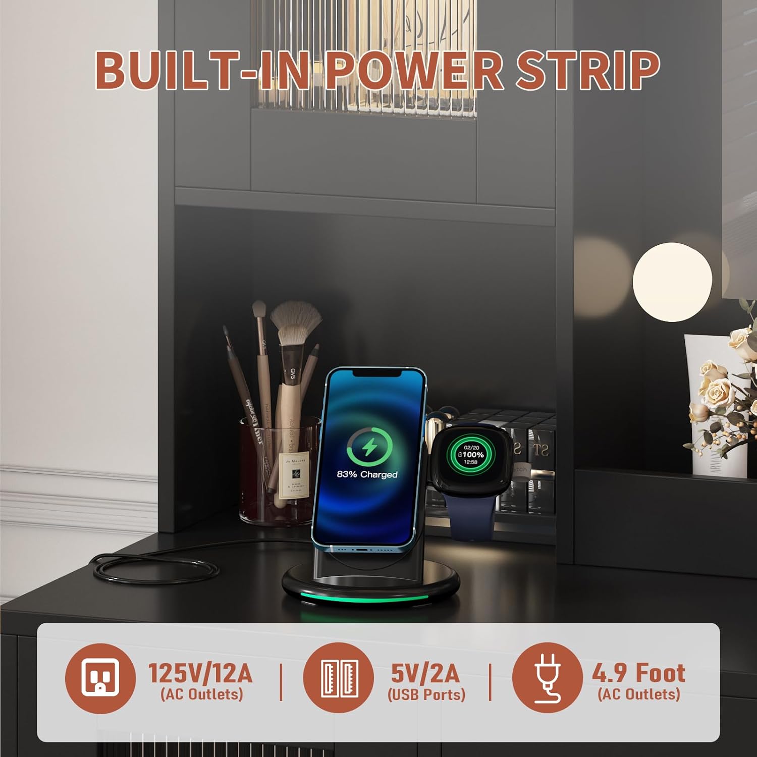 IDEALHOUSE Makeup Vanity Desk with Mirror and Lights, Vanity Table with Charging Station, 2 Open Compartments, 2 Acrylic-Door Cabinets, and RGB Lights Wood Dressing Table for Bedroom