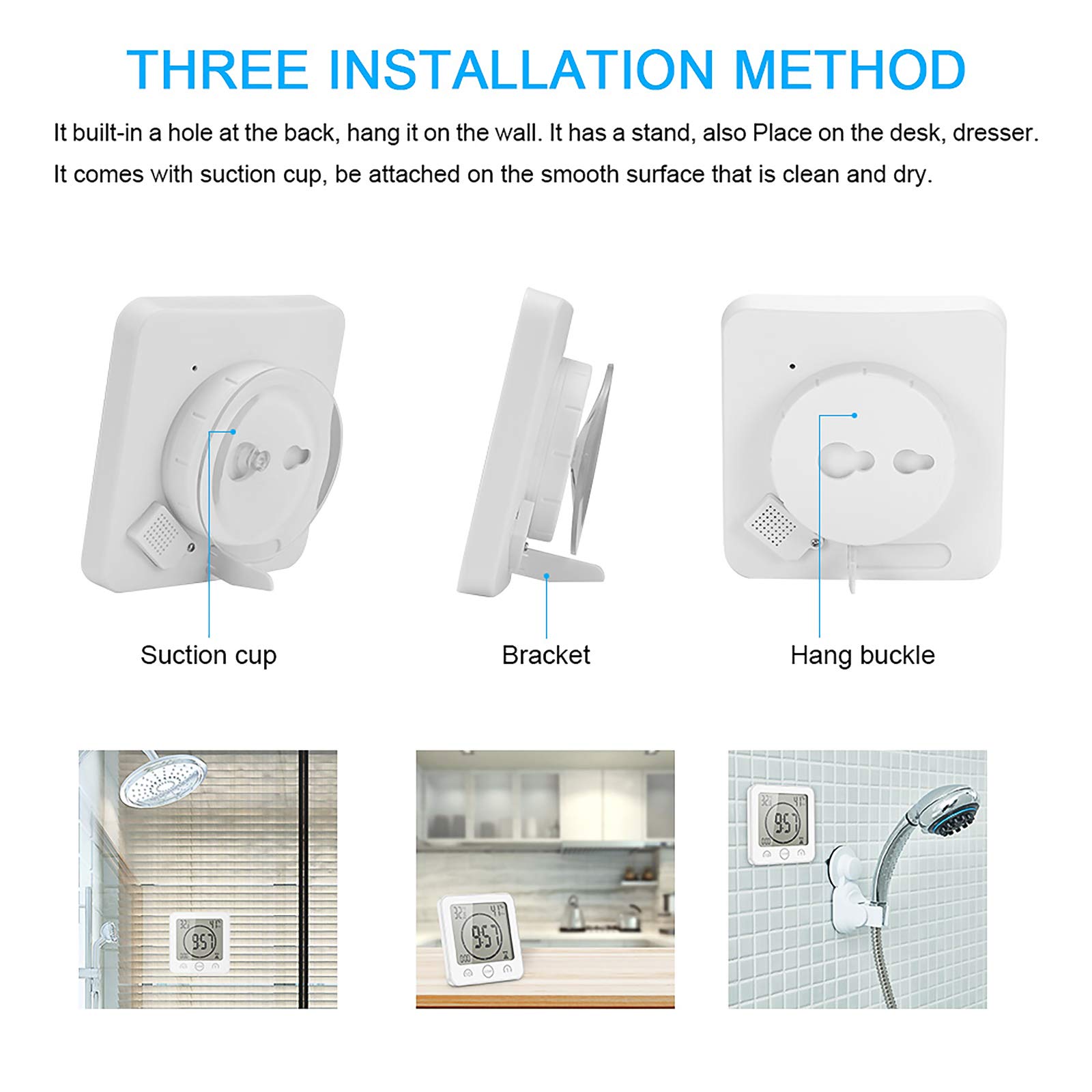 Reloj de Baño, LCD Reloj de Ducha Digital Alarma Impermeable Control Temperatura Humedad, Temporizador de Cuenta Regresiva, 3 Métodos de Montaje, Energía de la Batería