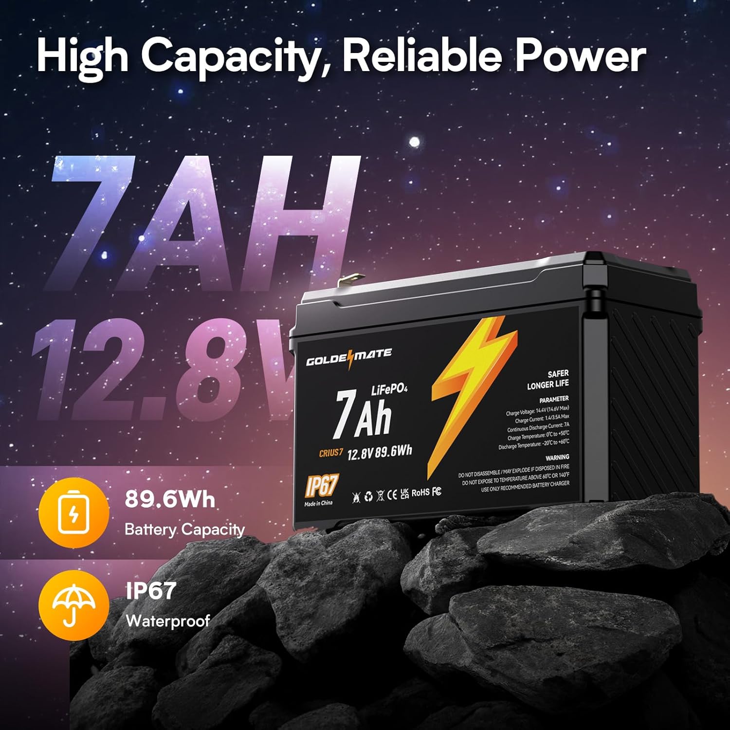 GOLDENMATE 12V 7Ah Lithium LiFePO4 Deep Cycle Battery, 5000+ Cycles, IP67 Waterproof Lithium Iron Phosphate Battery, Built-in BMS, Perfect for Lighting, Power Wheels, Fish Finder, Ride on Toys - Image 2