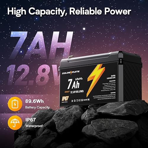 Miniatura 2 de GOLDENMATE Batería de ciclo profundo LiFePO4 de litio de 12 V 7 Ah, más de 5000 ciclos, batería de fosfato de hierro de litio impermeable IP67, BMS