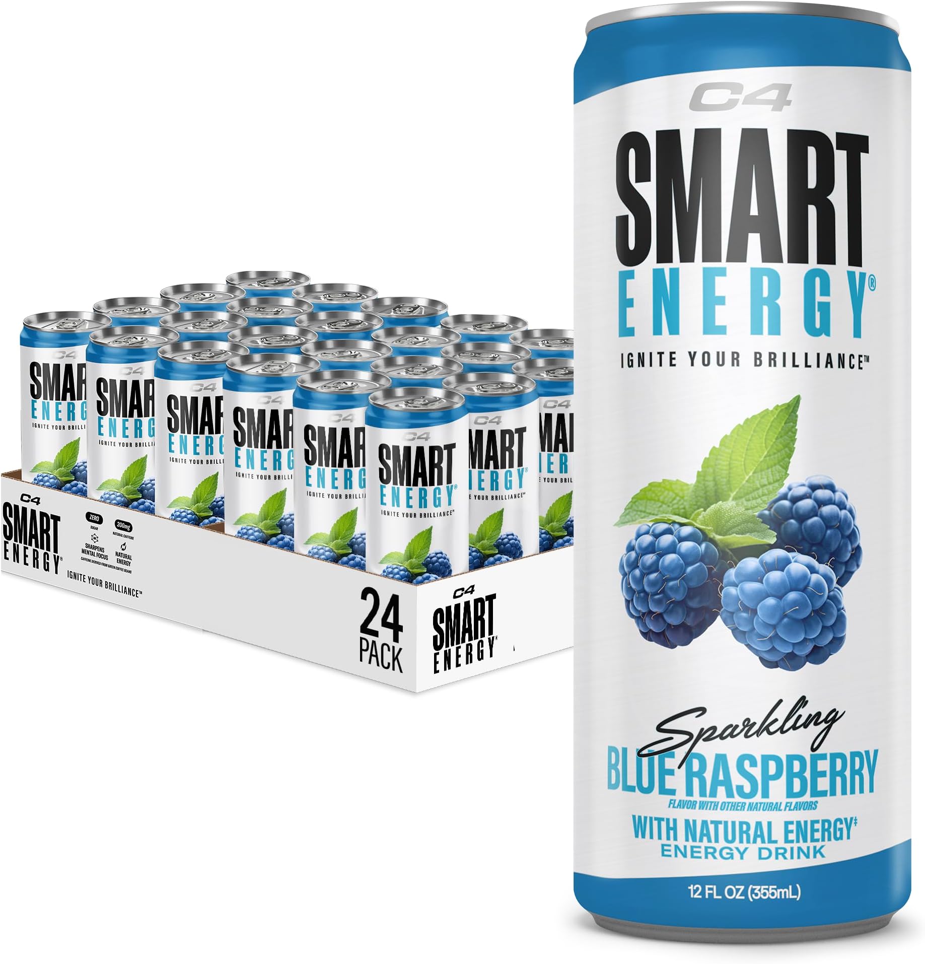 Smart Energy Drink - Sugar Free Performance Fuel & Nootropic Brain Booster, Coffee Substitute or Alternative | Blue Raspberry 12 Oz - 24 Pack