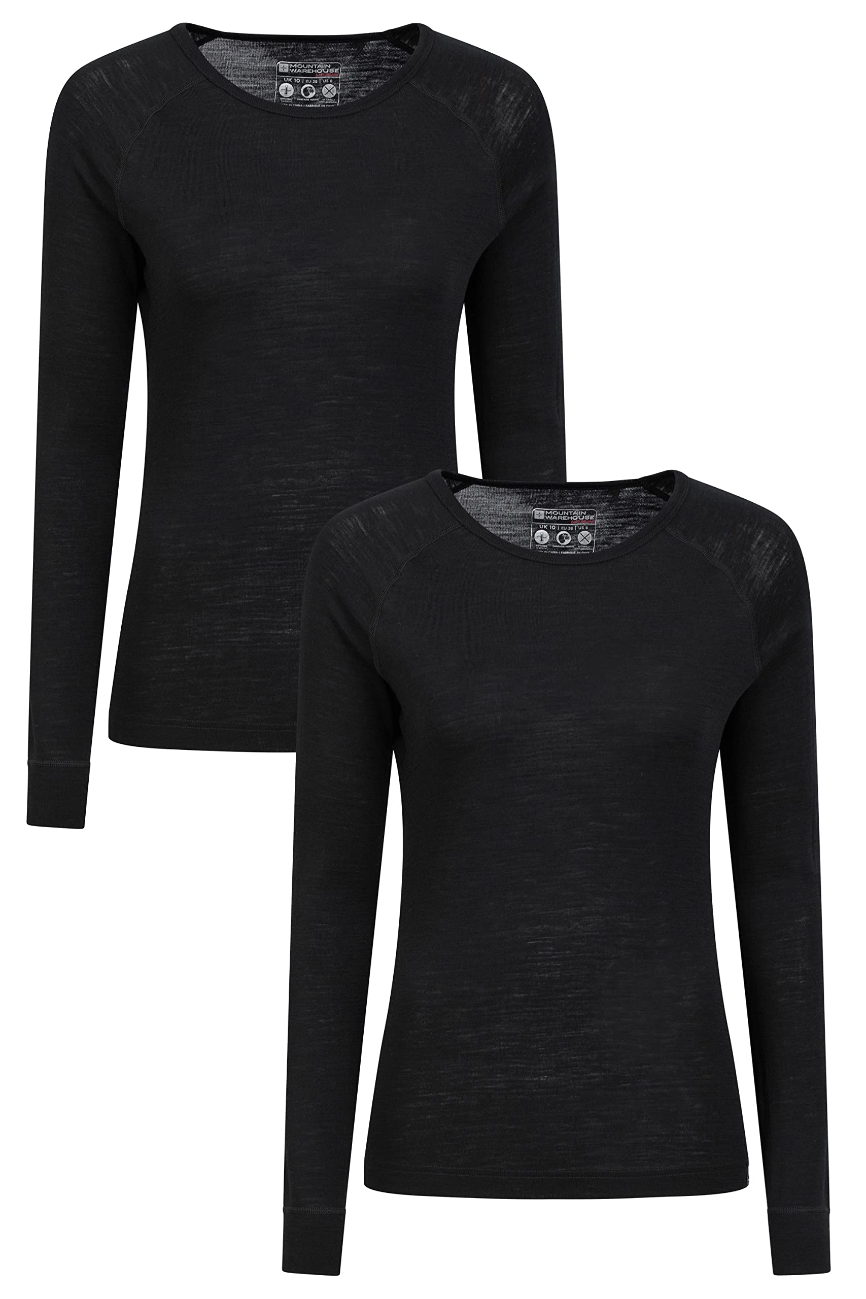 Mountain Warehouse Black (Multipack) Merino Womens Thermal Baselayer Top - Lightweight, Antibacterial & Breathable Ladies T Shirt - For Travel, Hiking, Camping, Skiing, Snowboard Black Women's Size 18