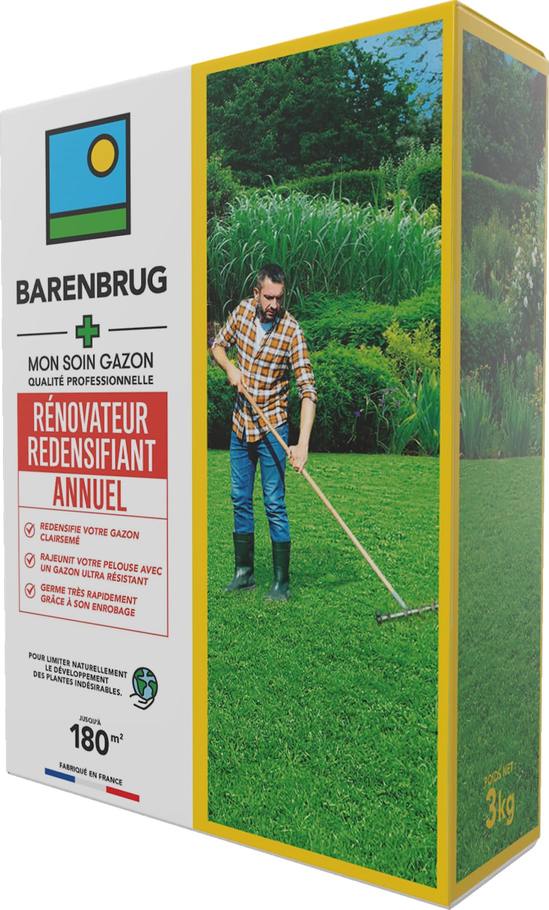 BARENBRUG - Cuidado Renovador Densificante - Densifica y Rejuvenece el Césped - Germina Muy Rápido - Semillas con Recubrimiento - Fabricado en Francia - 3 Kg