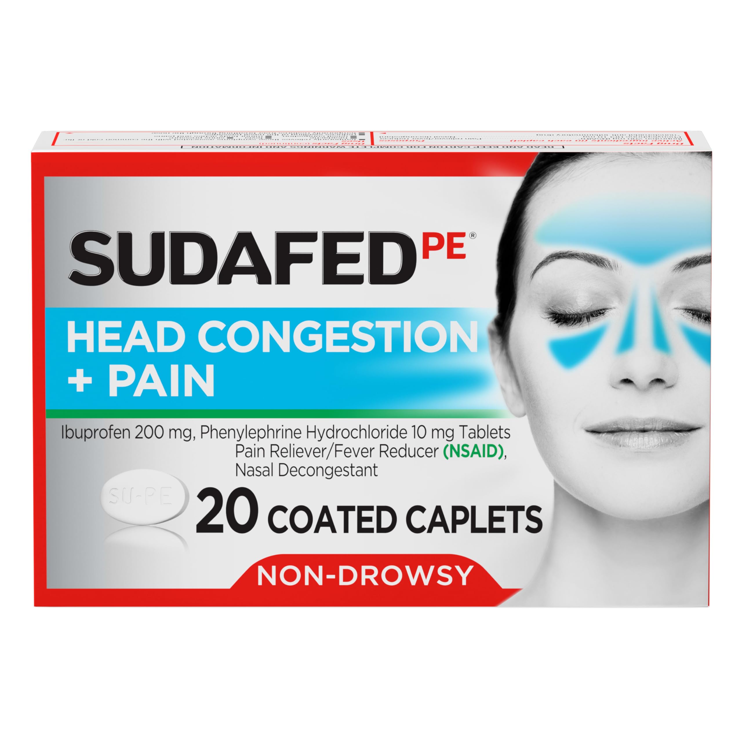 SudafedPE Non-Drowsy Head Congestion + Pain Relief Caplets with Ibuprofen 200 mg & Phenylephrine HCl 10 mg, Nasal Decongestant & NSAID Pain Reliever & Fever Reducer, 20 ct