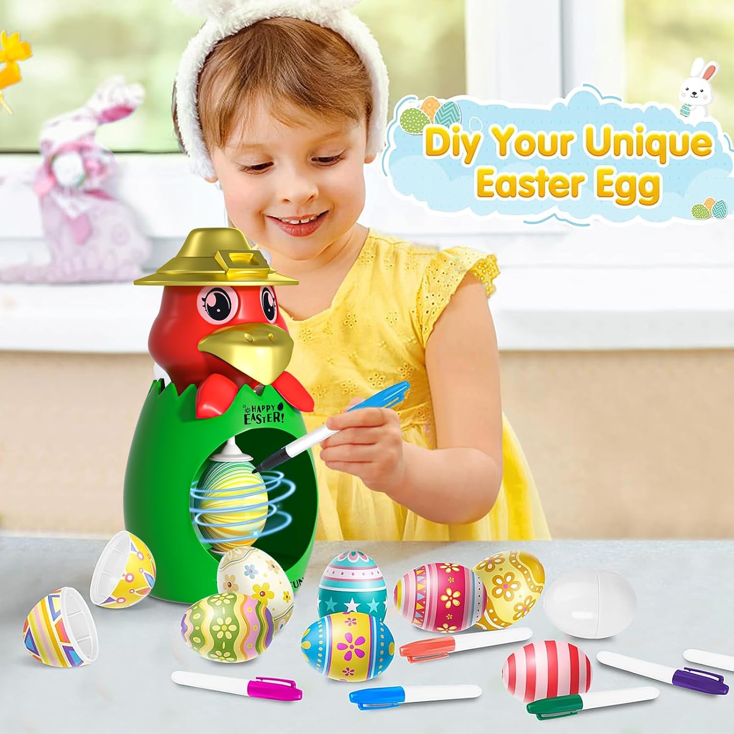 Haboqo Easter Egg Spinner Decorating Kit, DIY Easter Egg Coloring Kit with 8 Non-Toxic Markers 3 Plastic Fake Eggs, Easter Gifts for Kids Easter Basket Stuffers (Chicken)