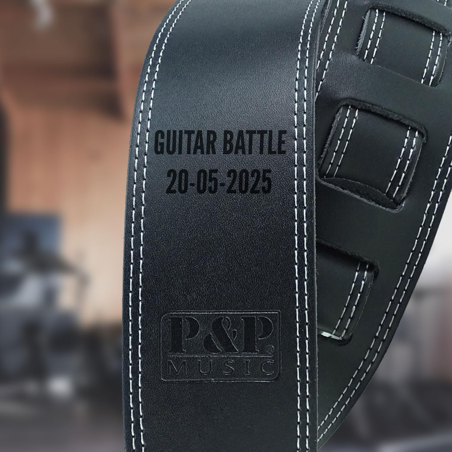 keepdrum personalisierter Gitarrengurt aus Echt-Leder Schwarz mit Wunsch-Text Gravur