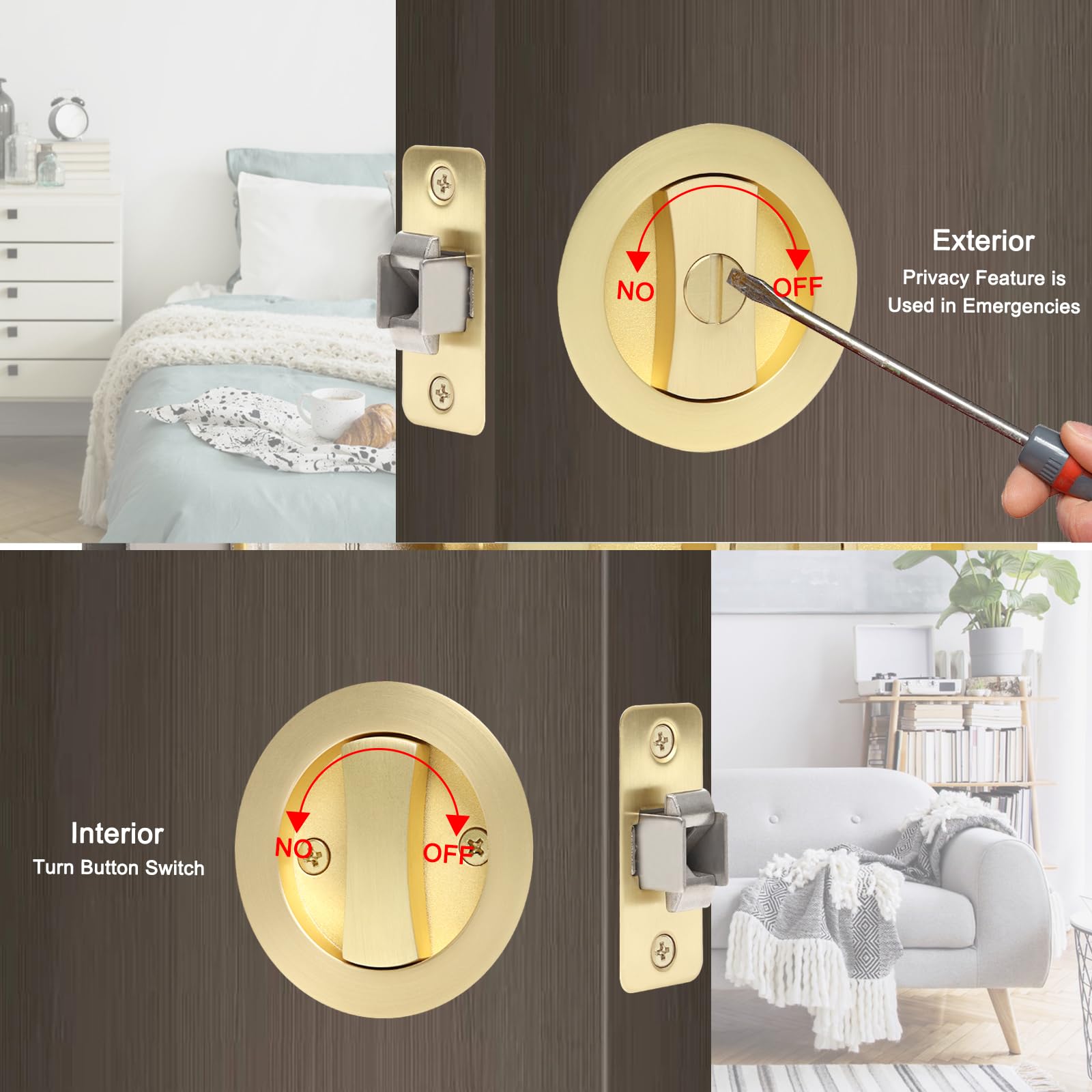 Dontay Confezione da 2 serrature per porta tascabili, rotonde per la privacy (letto/vasca), maniglie a filo, entrata da 6,5 cm, hardware per porte di spessore da 3,5 cm a 6,5 cm