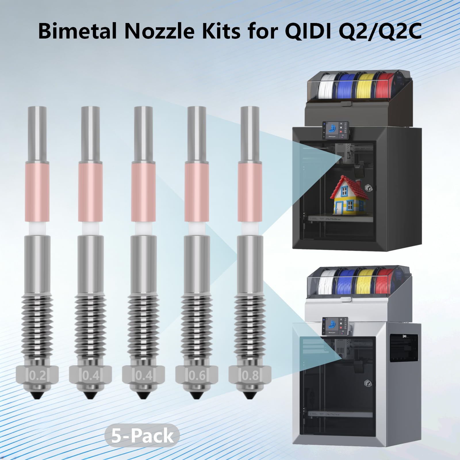 Juego de 5 boquillas bimetálicas para QIDI Q2/Q2C, boquillas de acero endurecido con tubo de garganta cerámico integrado de cambio rápido, boquillas de 0,2/0,4/0,6/0,8 mm para QIDI Q2