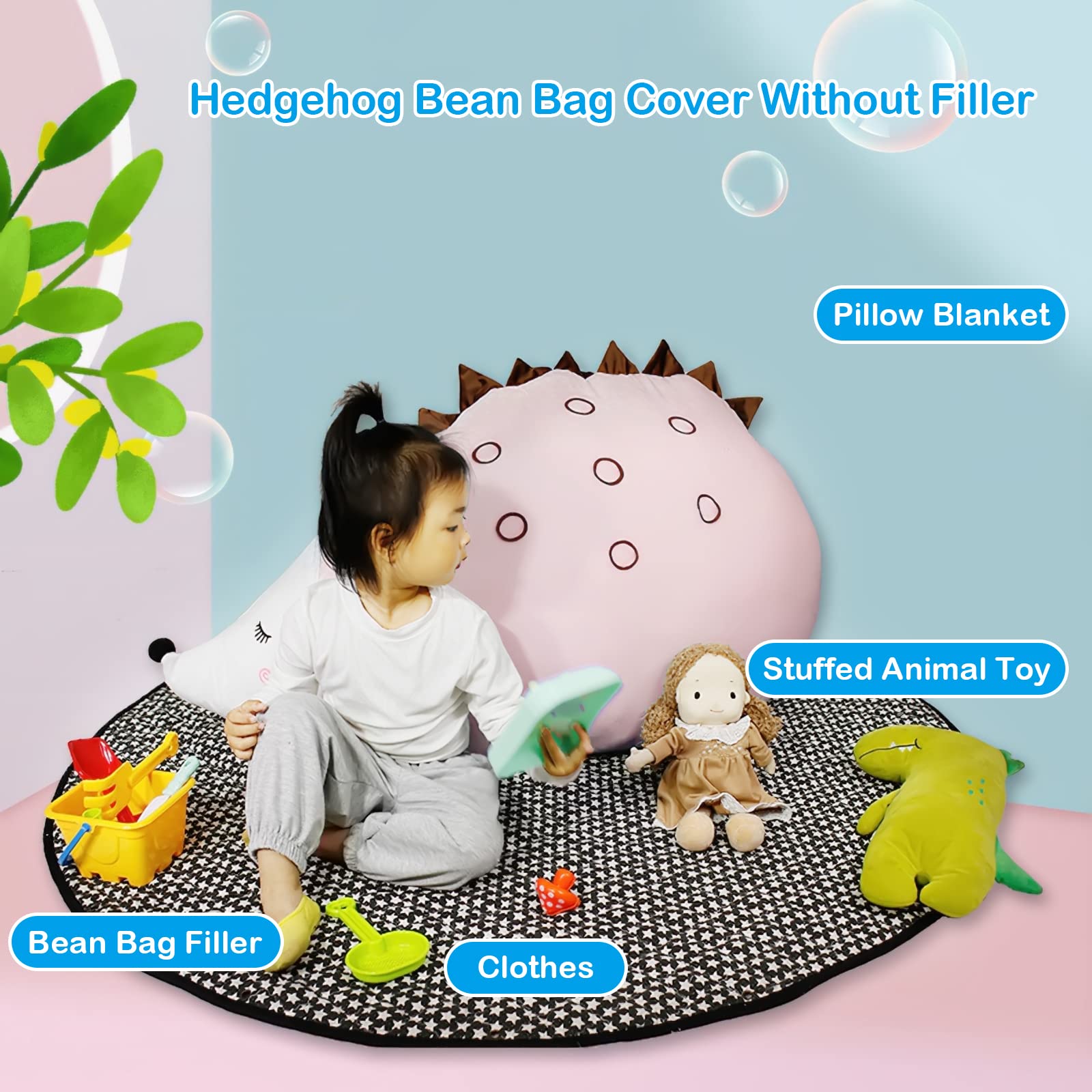iFCOW Almacenamiento de Animales de Peluche Bean Bag Silla para, Cubierta de Almacenamiento de Juguetes de Peluche para niños cómodos Piso Tumbona Erizo