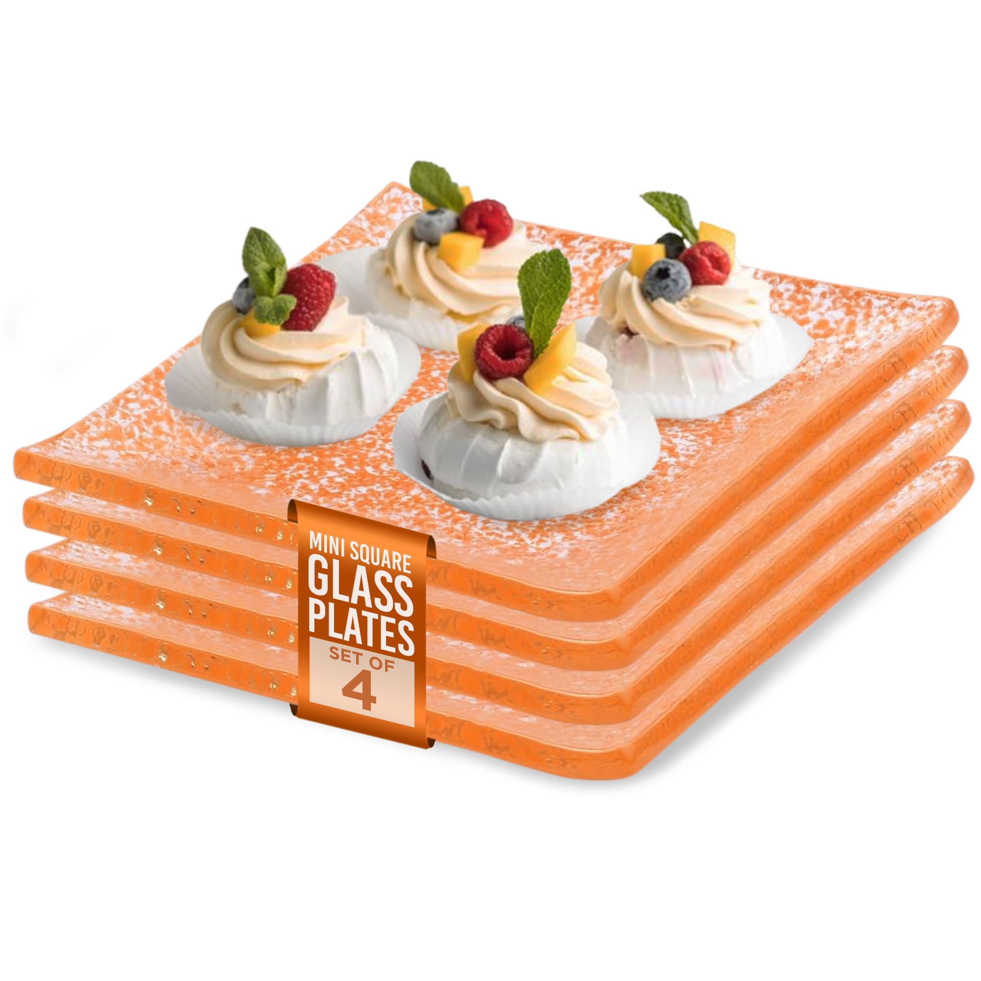IMPULSE! Splendido Mini Square Glass Plates (Orange) Set of 4- Elegant Functional Plates Perfect for Small Bites, Serving, Mini Desserts, Dips, or Candies- 3.15