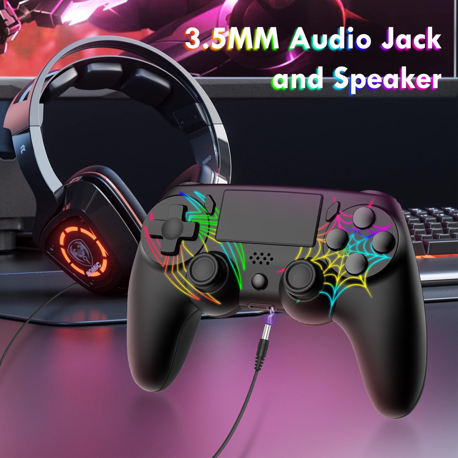 Paquete de 2 controladores inalámbricos para PS4, controlador apto para PlayStation 4/Pro/Slim/PC, diseño de patrón de araña, batería de 1000 mAh, RGB ajustable, doble choque, giroscopio de 6 ejes