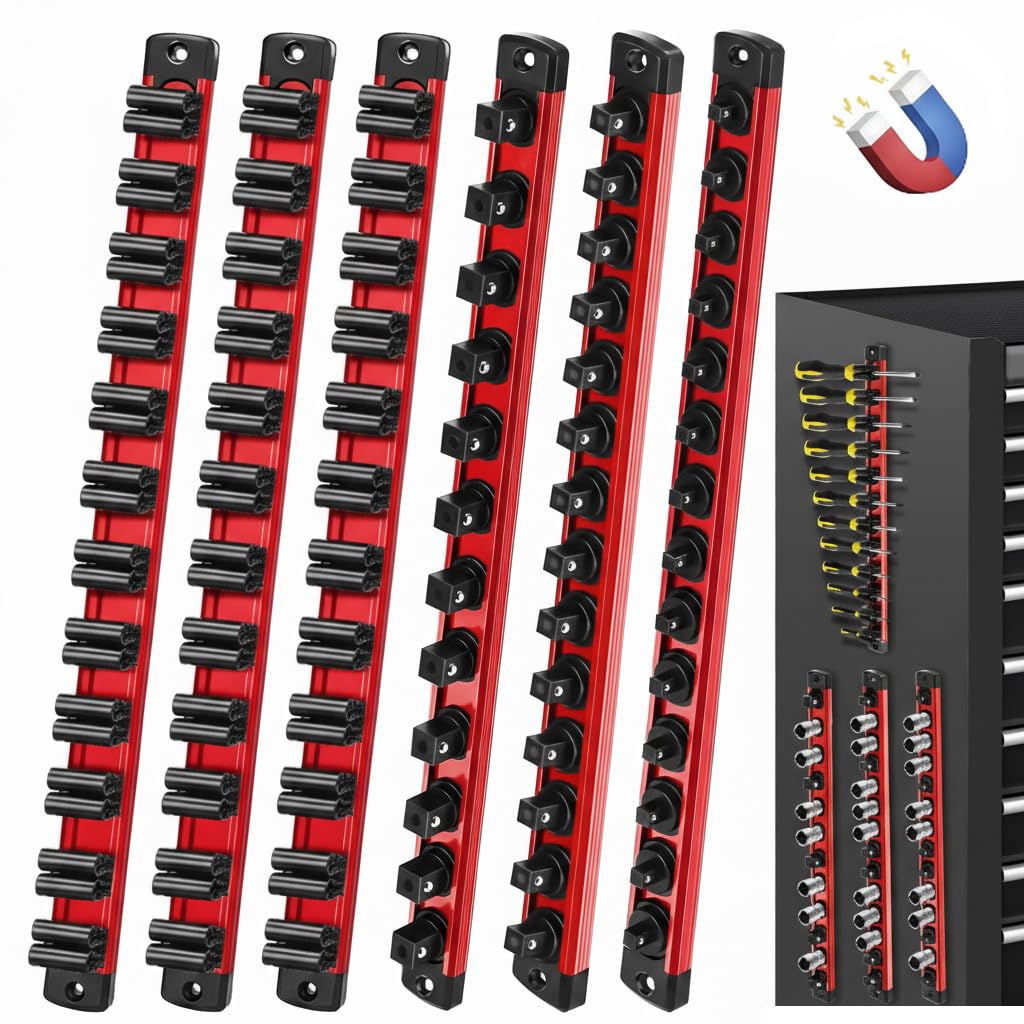 6-Piece Magnetic Socket Organizer Set - Includes 3 Socket Rails for 1/4", 3/8" & 1/2" Drive (Metric & SAE), 3 Magnetic Holders for Screwdrivers & Wrenches (Tools Not Included)