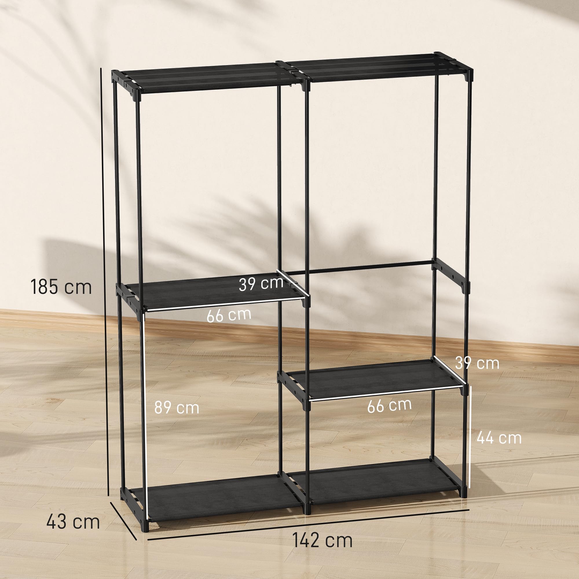 HOMCOM Armadio Guardaroba con 3 Aste e 4 Ripiani, Guardaroba in Tessuto non Tessuto, Plastica e Acciaio, 142x43x185 cm, Nero
