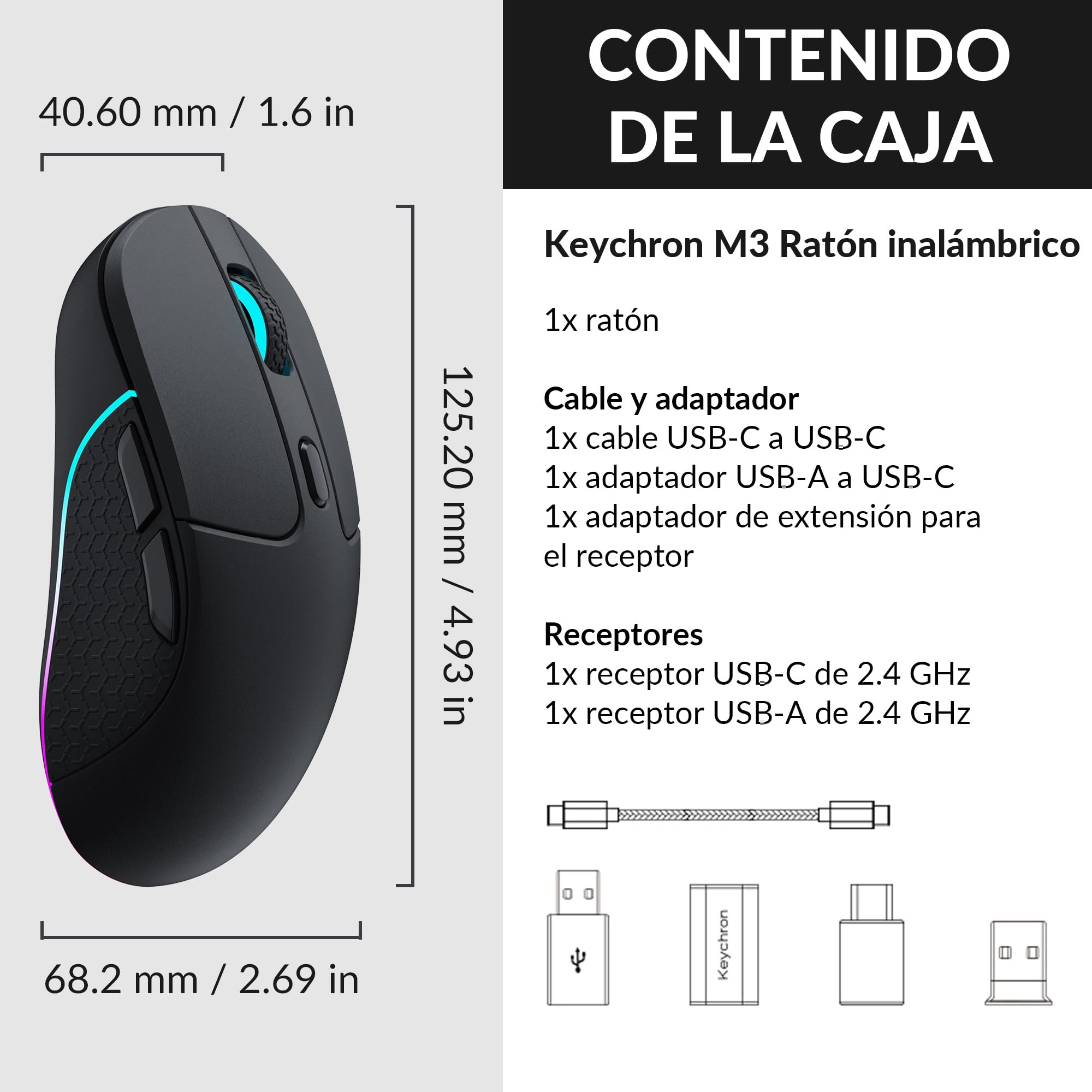 Keychron M3 Ratón Inalámbrico Programable, 2.4 GHz/Bluetooth 5.1 / USB-C, Sensor PAW3395, 26.000 dpi, Retroiluminación RGB, Ultraligero (79 g), Diseño ergonómico, Ratón Gaming para PC y Mac – Negro