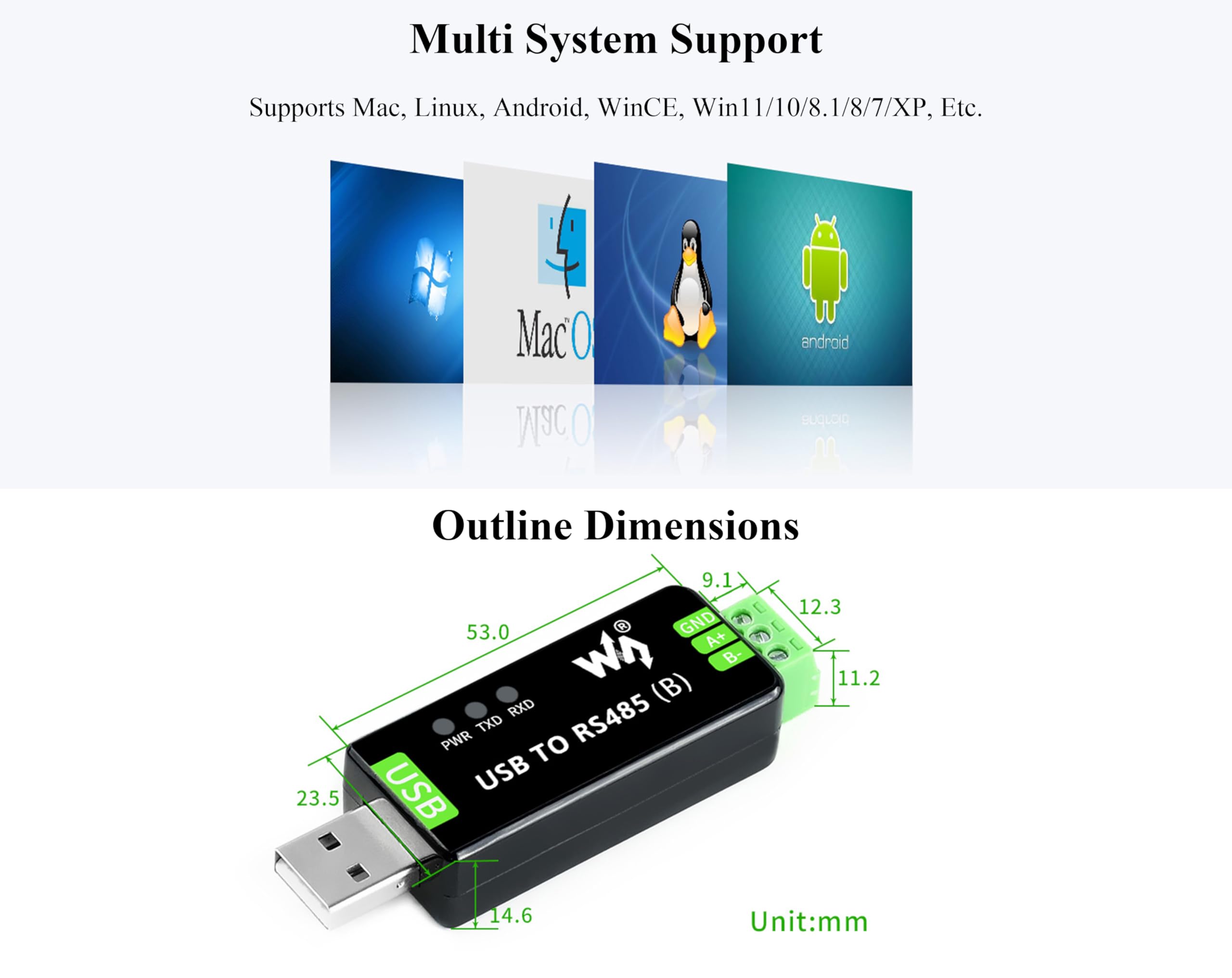 Industrial USB to RS485 Bidirectional Converter with Original CH343G, Multi-Protection Circuits, Supports Linux, Android, WinCE, Win11/10/8.1/8/7/XP, etc.