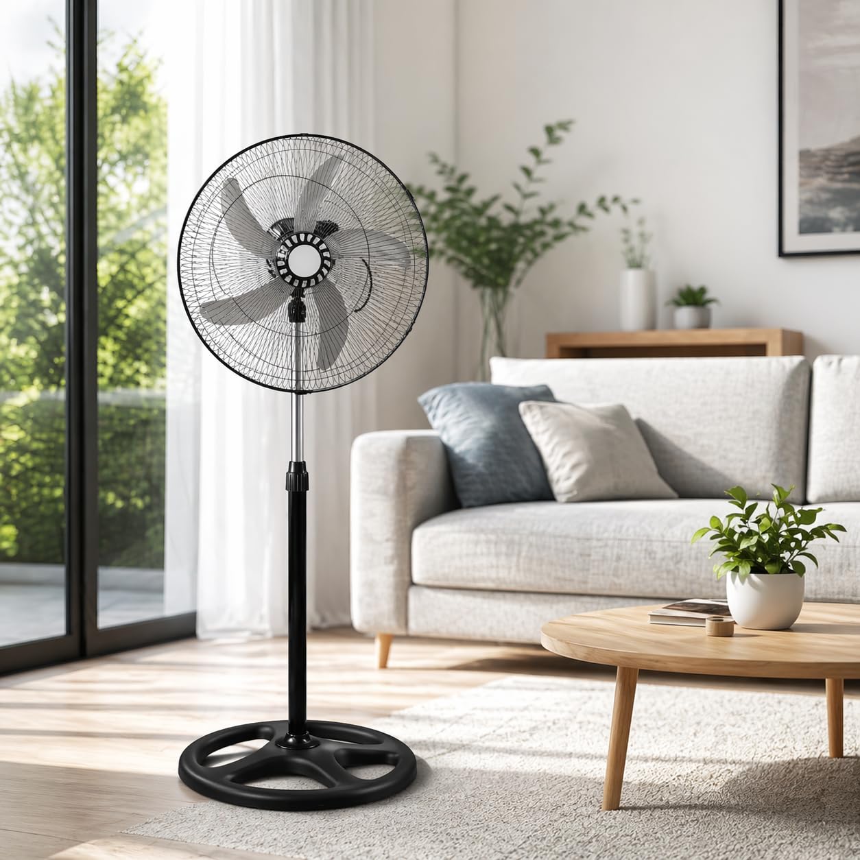 Ventilatore a Piantana da 50 cm con 5 Pale in Metallo e Motore 75W - Oscillazione Automatica - 3 Velocità - Altezza Regolabile 125 cm - Ventilatore SILENZIOSO con Griglia di Sicurezza per Casa/Ufficio