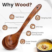 Vista 5 de Juego de cucharas de madera para cocinar, tenedor de pasta y cucharón - 2 utensilios de cocina antiadherentes de madera de teca natural